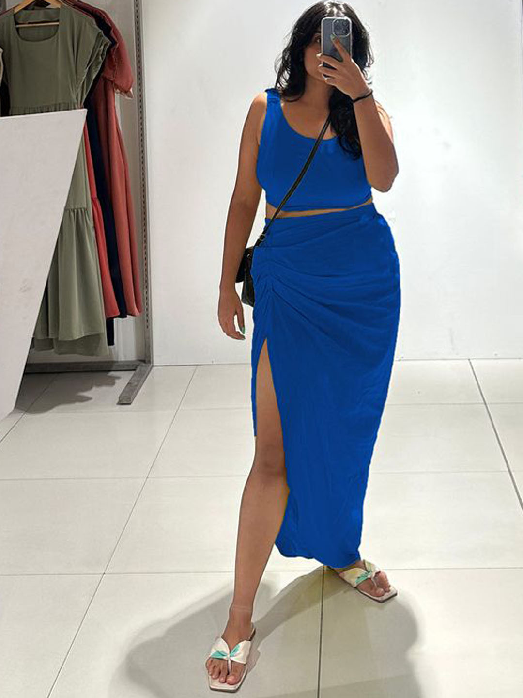 Medh Linen Round Neck Top With Skirt Co-Ords