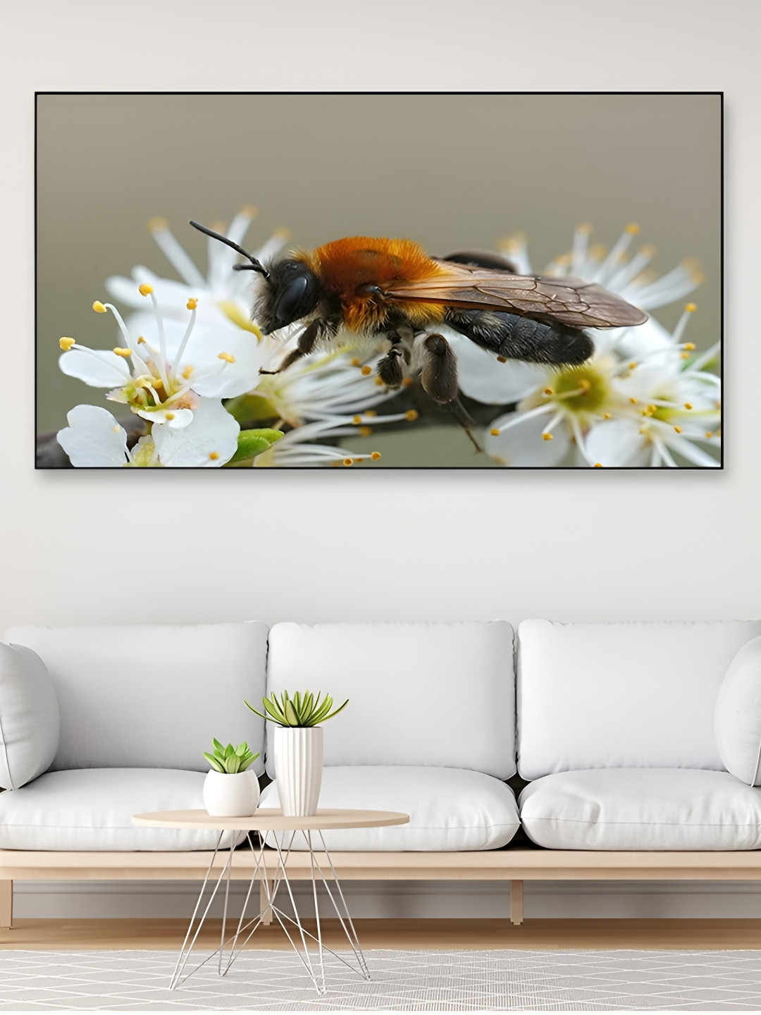 DEKORSTATION White & Brown Bee Printed Canvas Wall Art