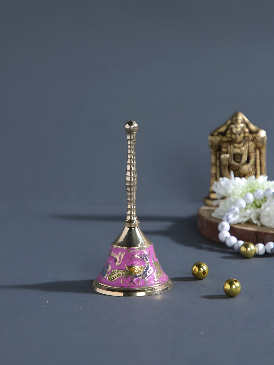 Aura Green & Pink Peacock Meenakari Prayer Ghanti