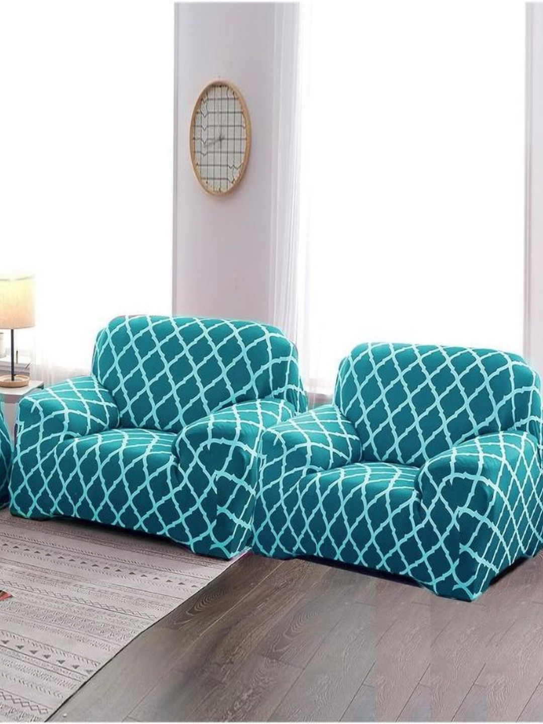 GIFTS ISLAND Teal & White Checked Polyester 3 Piece Sofa Cover With Arms