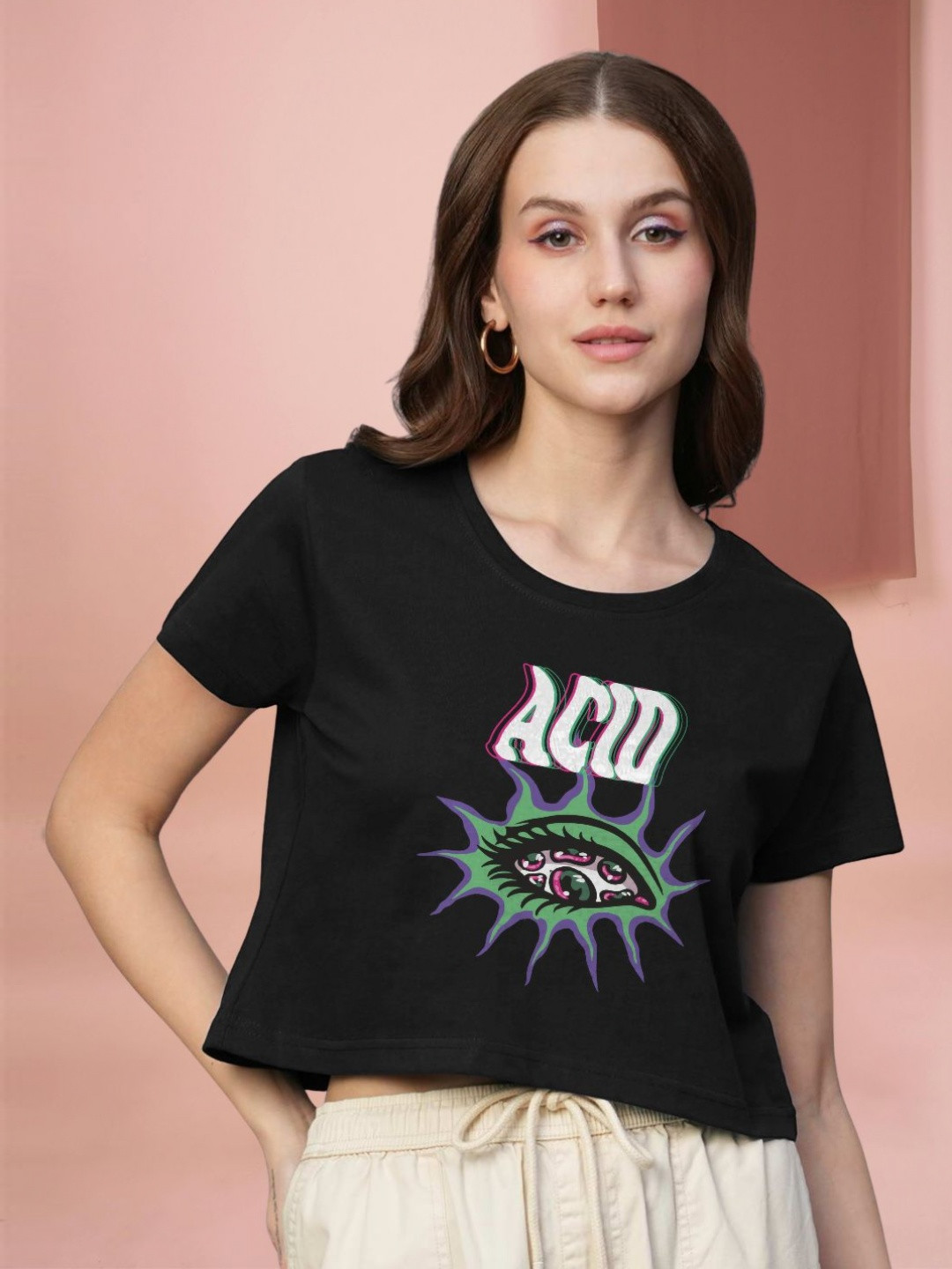 PRONK Graphic Printed Round Neck Relaxed Fit Cotton Crop T-shirt