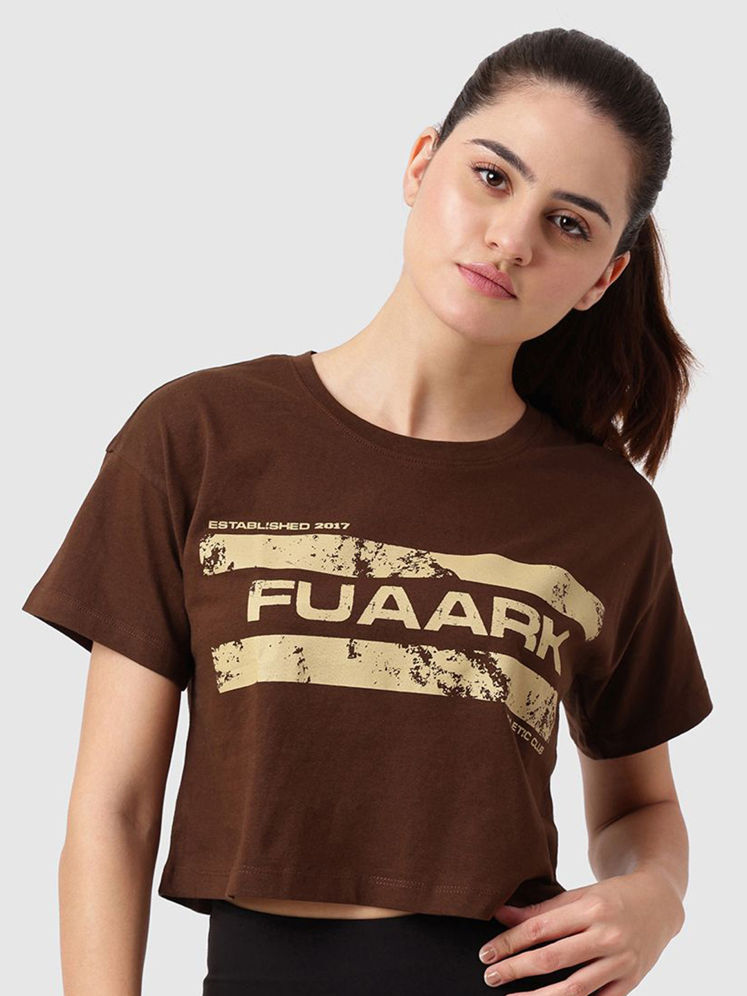 FUAARK Women Brand Name Printed Anti Odour Pure Cotton Crop T-shirt