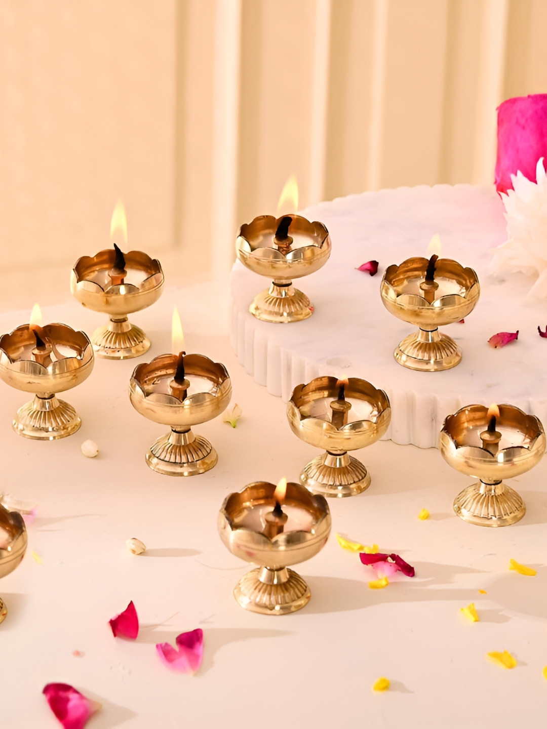 Aura 12Pcs Beige Textured Lotus Flower Diyas