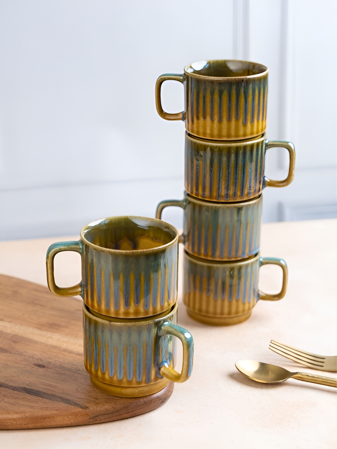 VarEesha Floral Bloom & Cherry Fields Mustard Textured Ceramic Handmade 6 Piece Cups-150ml