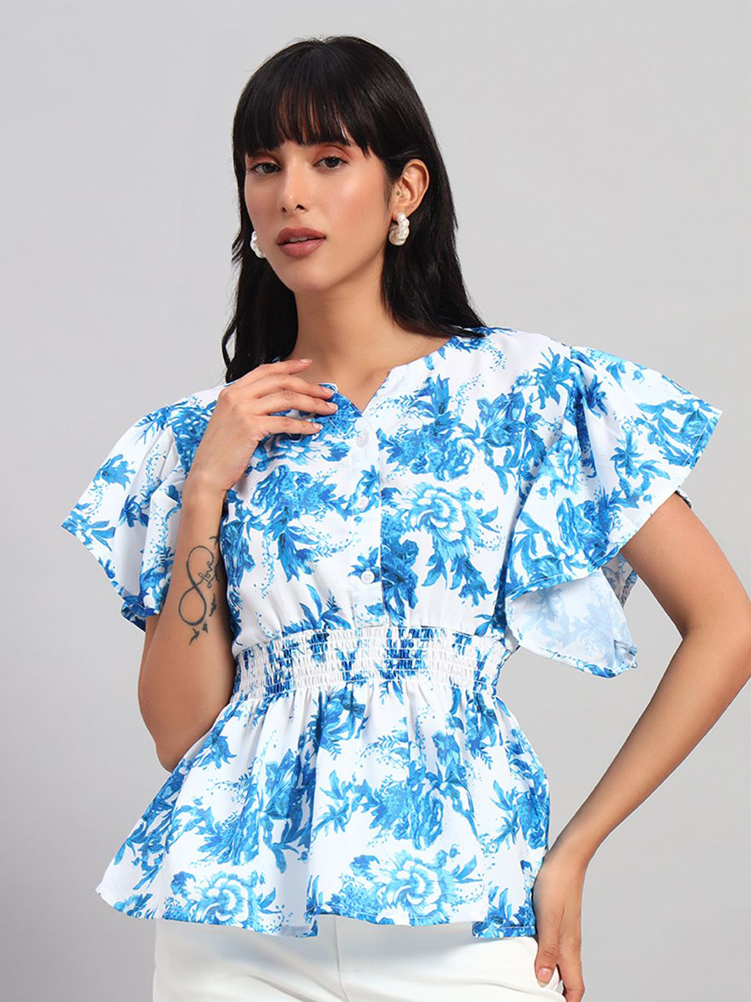 ROSEMELON Floral Print Smocking Peplum Top