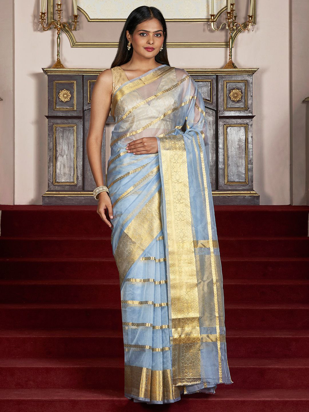 TEEJH Manikarn Powder Blue Banarasi Semi Georgette Silk Saree