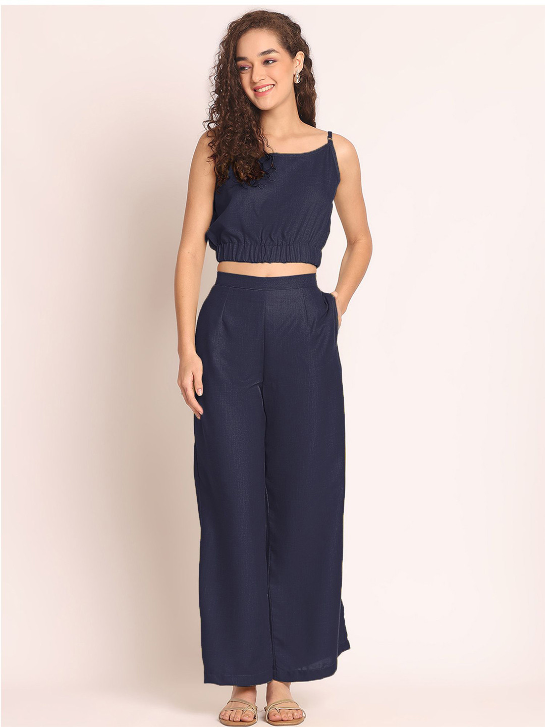 Aoba Women Navy Blue Shoulder Strap Crop Top & Trousers Co-Ords