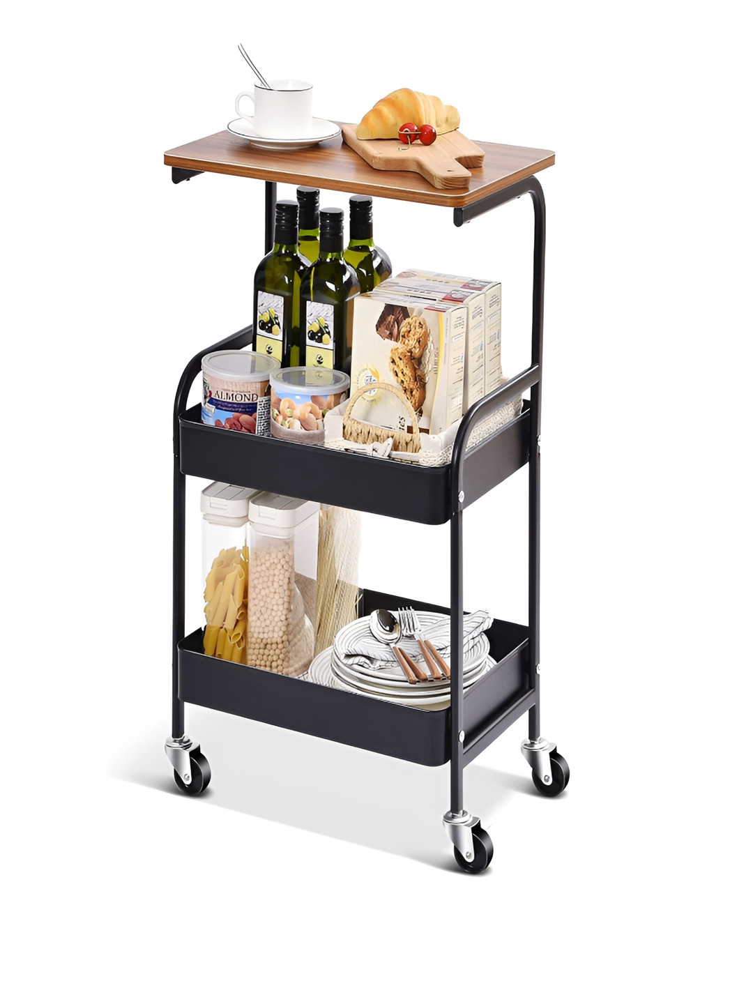 KriShyam Black & Brown 3 Tier Kitchen Multi-Utility Organiser With Wooden Tabletop