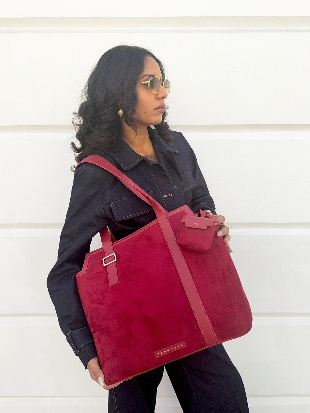 TANN TRIM Suede Oversized Structured Shoulder Bag