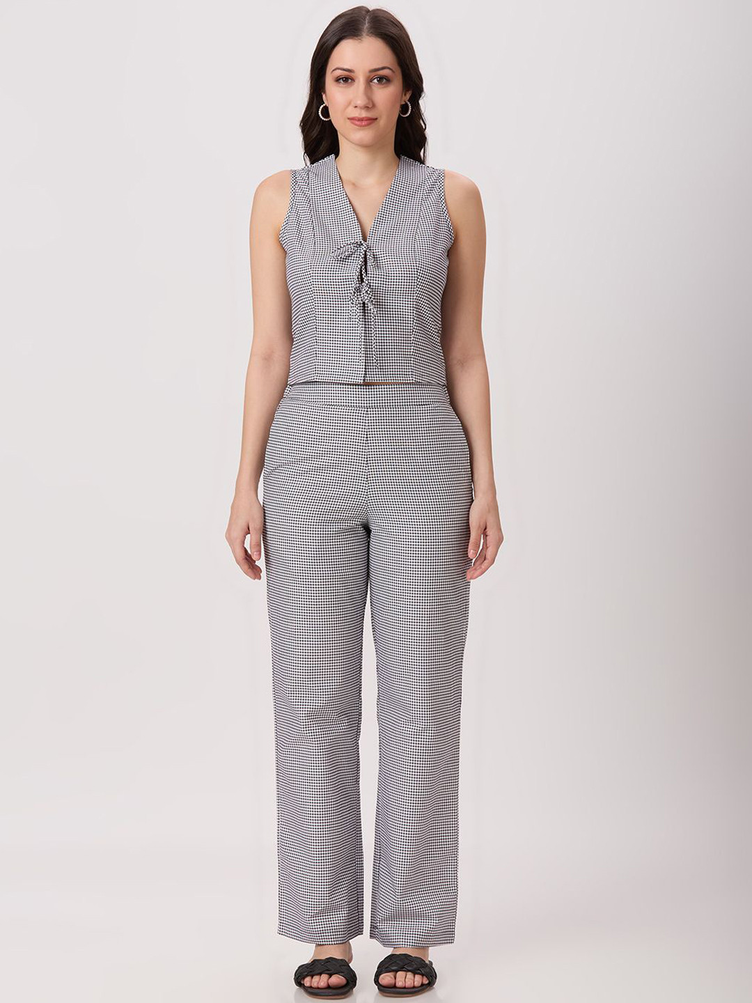 PEACH & PANDA Checked V-Neck Top With Trousers Co-Ords