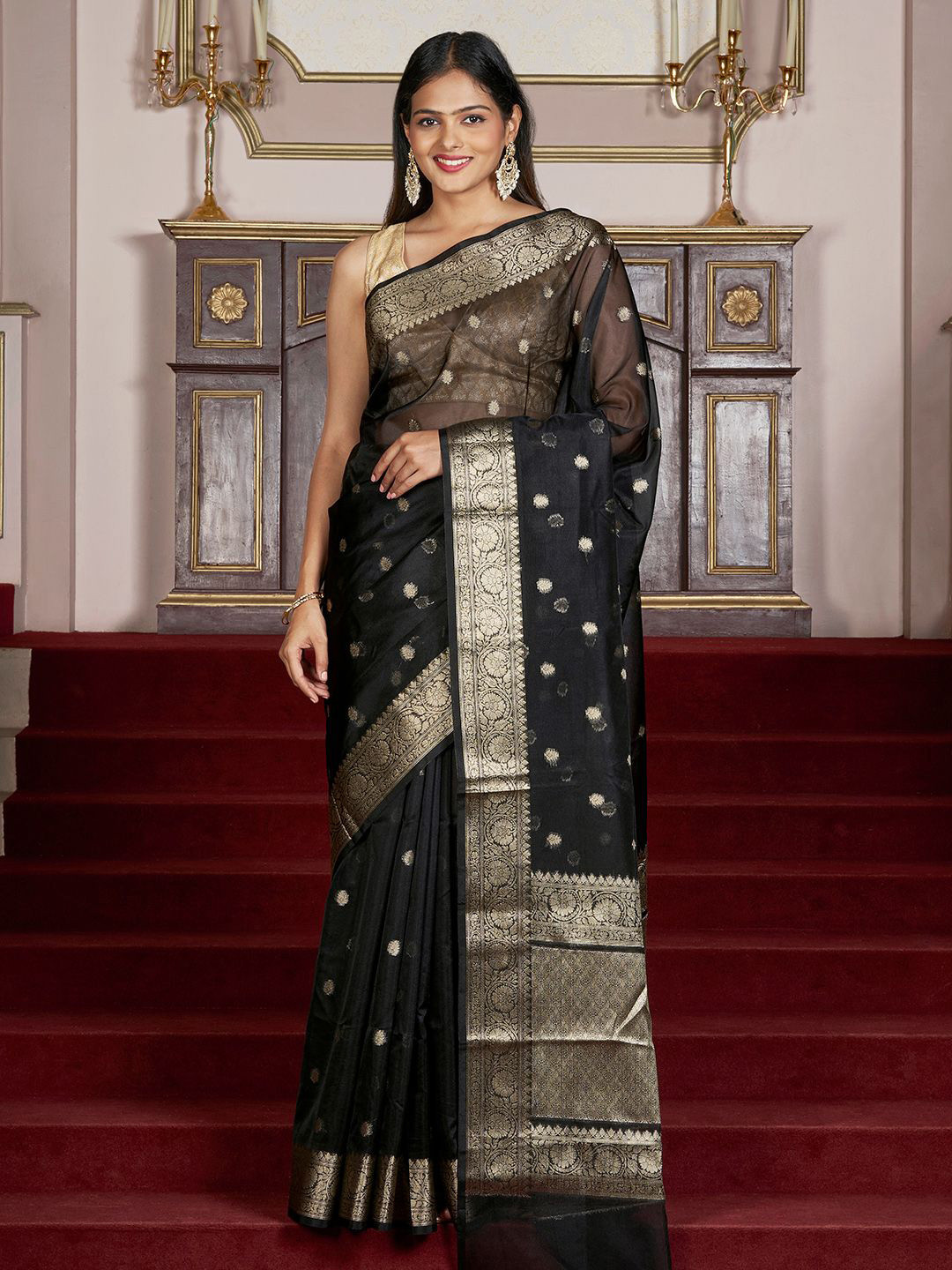 TEEJH Mallika Black Banarasi Semi Kora Silk Saree