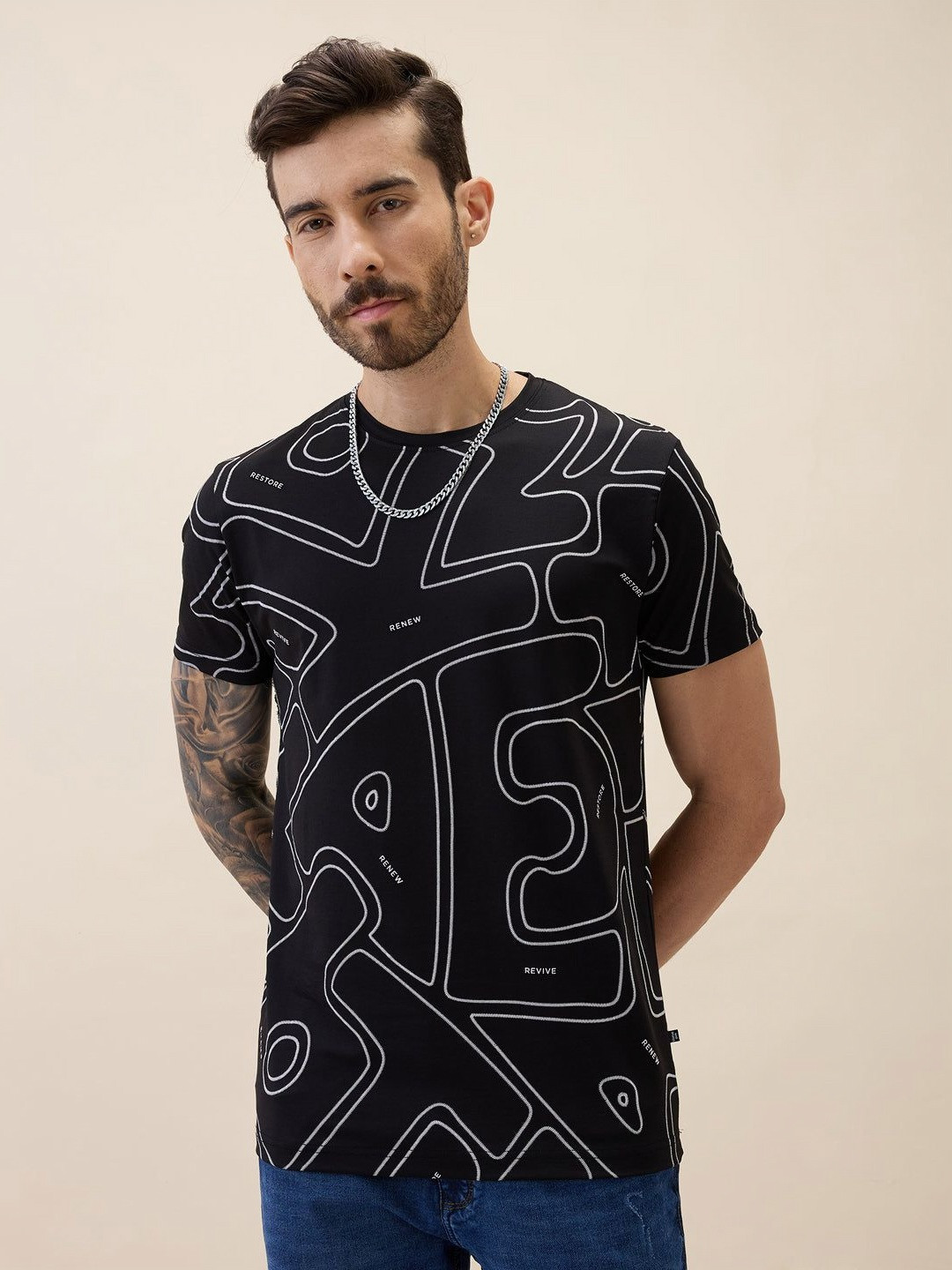 Status Quo Geometric Printed Round Neck Half Sleeves Regular Fit T-shirt