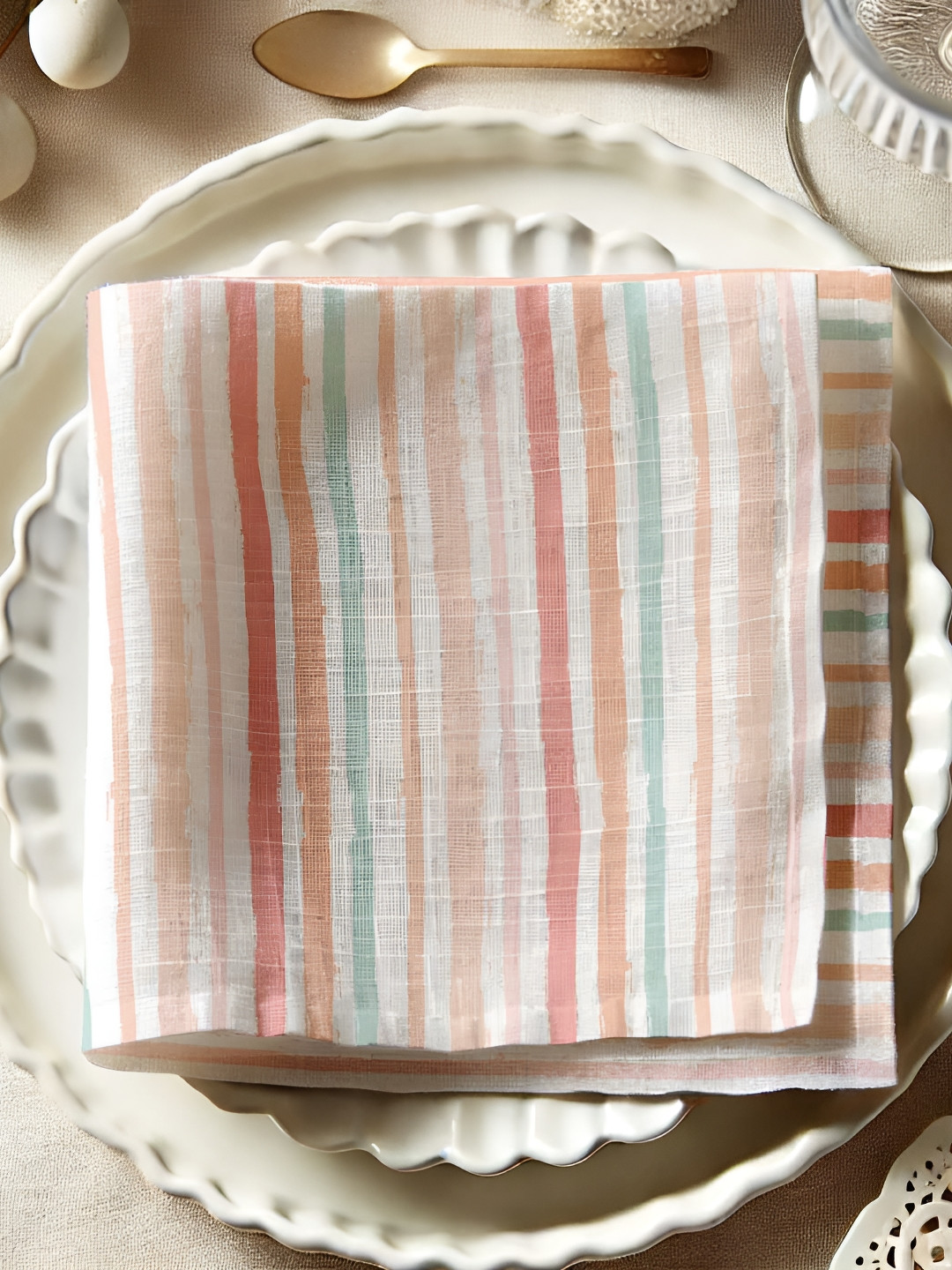 Vargottam 12-Pcs White & Peach Colored Striped Cotton Table Napkins
