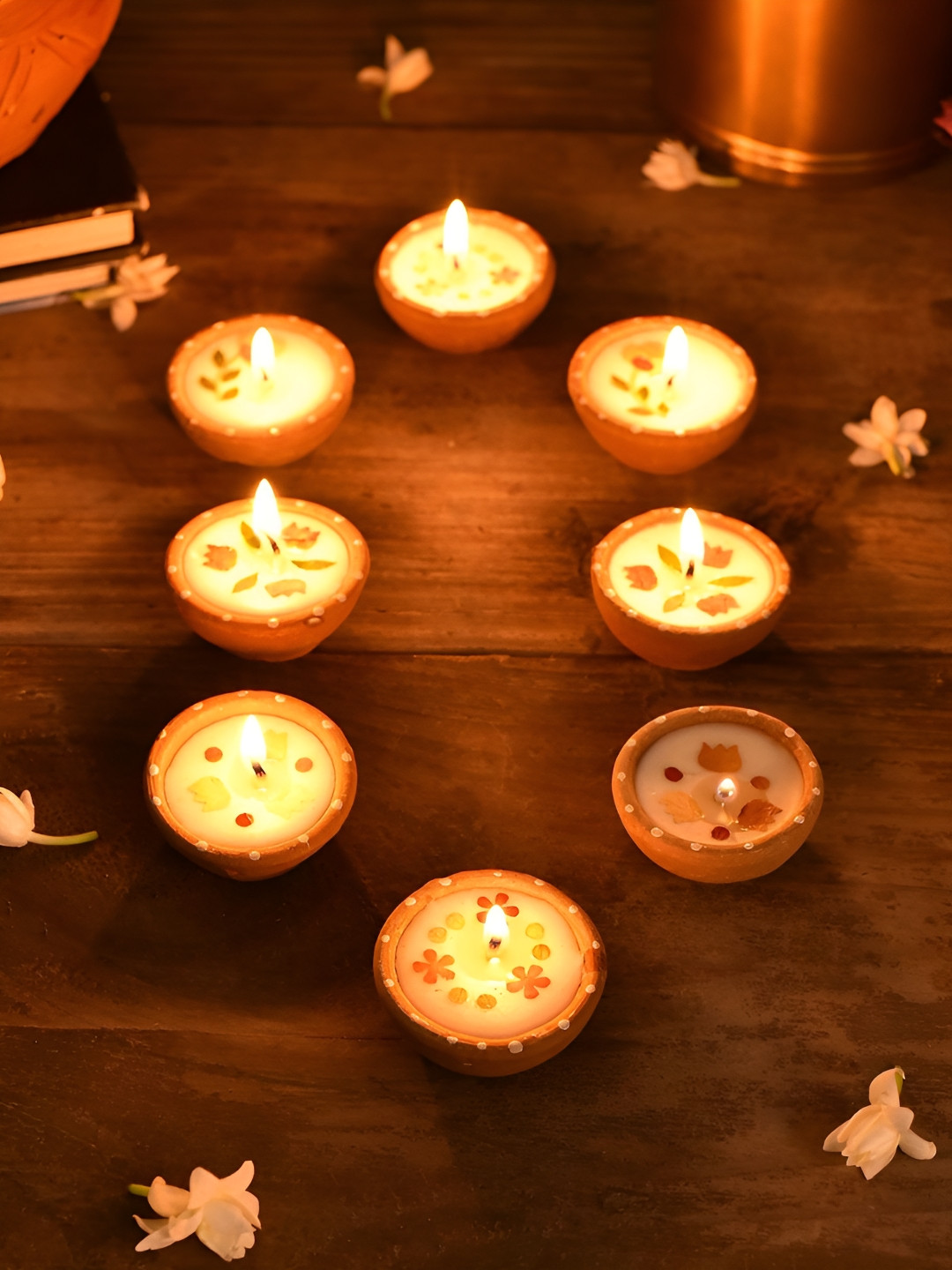 JAYPORE Terracotta 8Pcs Smokeless 1 Wick Scented Solid Round Regular Diyas Candles