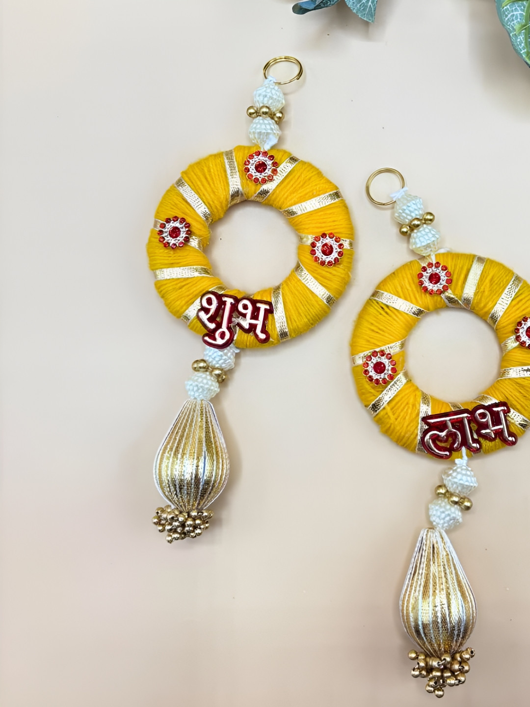 THE HOME CO. Shubh Labh Fabric Tasselled Matte Hanging Hall 2Pcs Wall Hangings-8In