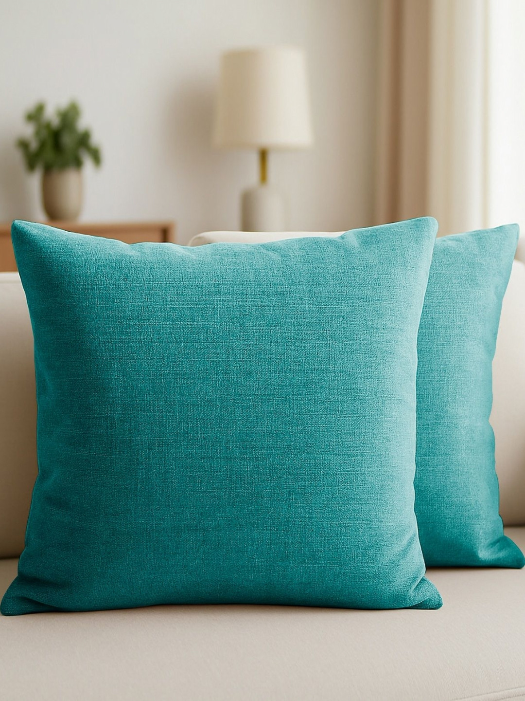 CASABLEU Teal Polyester Silk Washable 2 Piece Textured Square Cushion Covers -18x18In