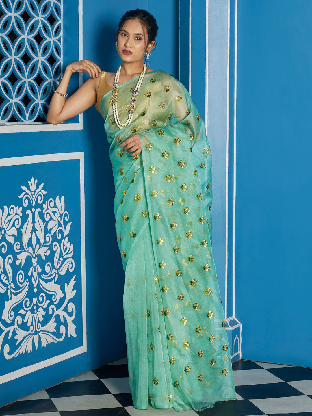 TEEJH Nikita Turquoise Kora Organza Silk Embroidery Work Saree
