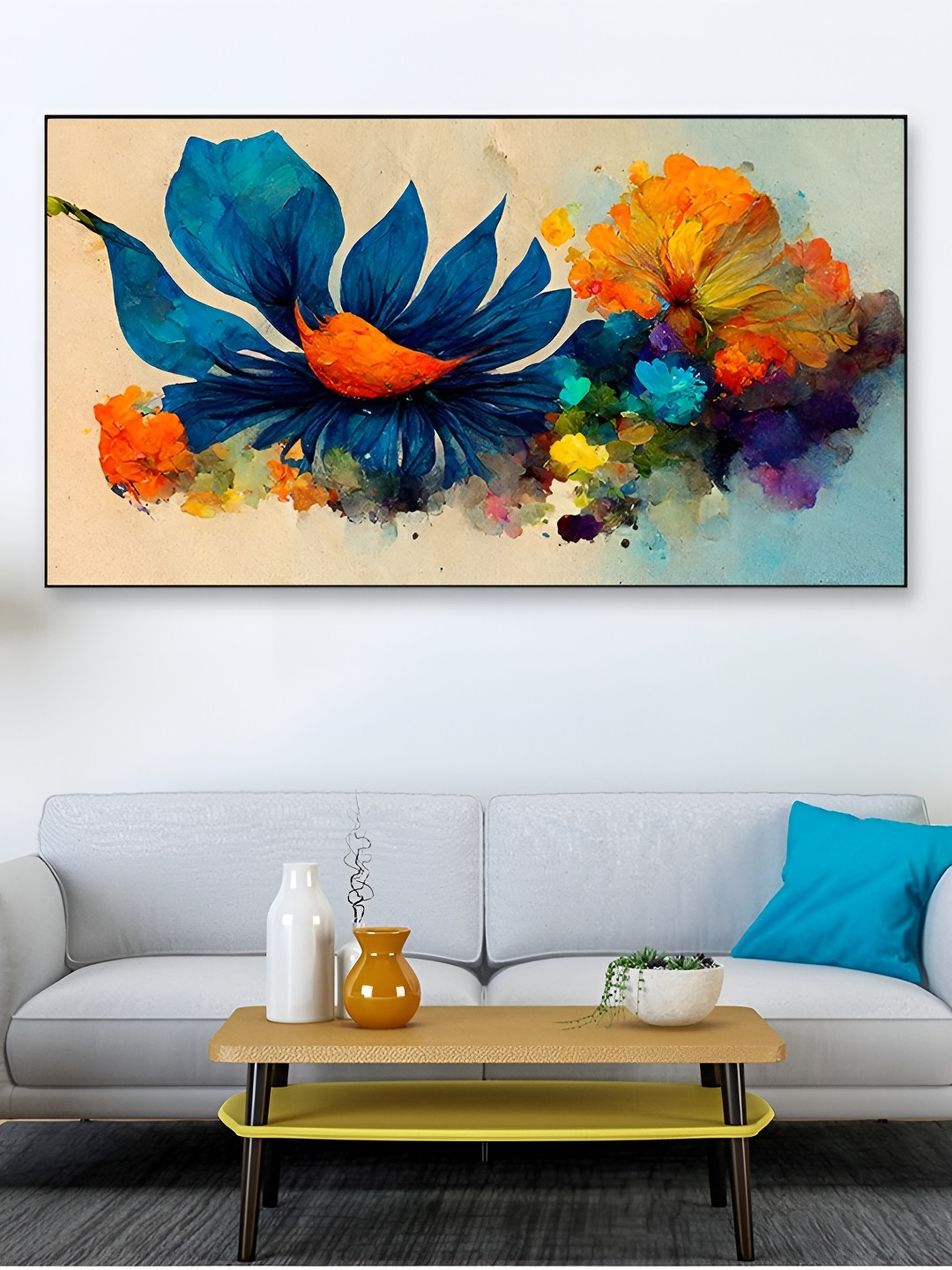 DEKORSTATION Blue Wood Wall Living Room Rectangle Paintings Wall Art -35.83 x 17.72In