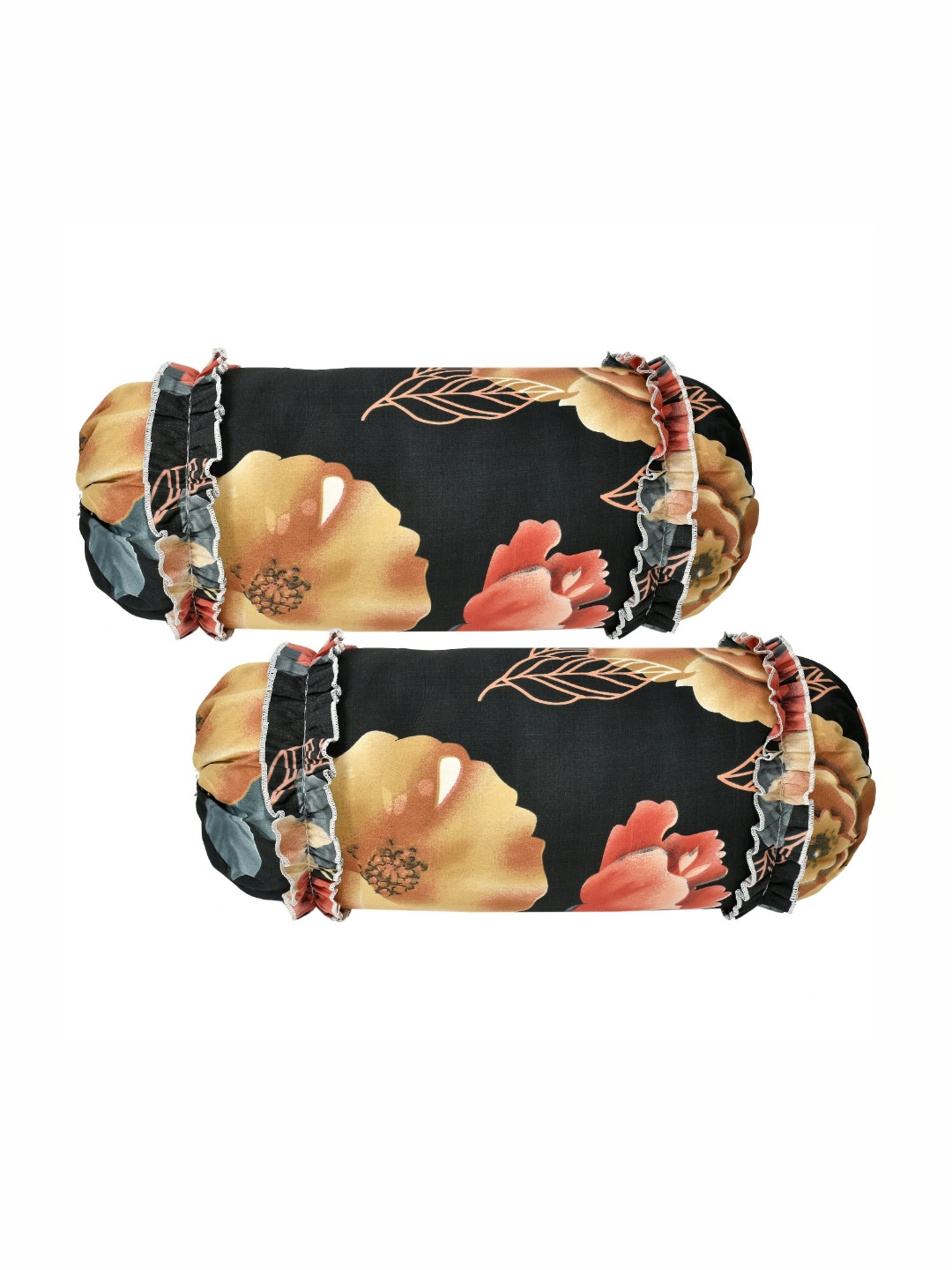 Luxmi Cotton Fabrics Set Of 2 Black & Red Printed Cotton Bolster Covers