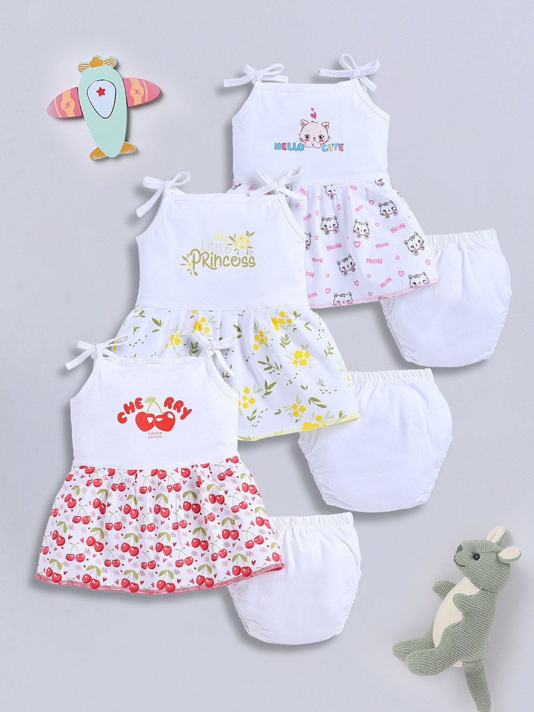 LITTLE NINJA Girls Pack Of 3 Printed Pure Cotton Top With Shorts