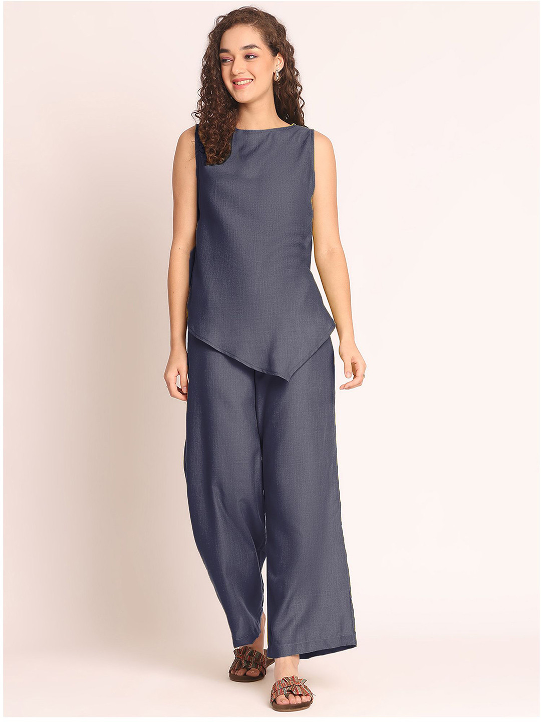Aoba Women Navy Blue Solid Boat Neck Top & Trousers Co-Ords