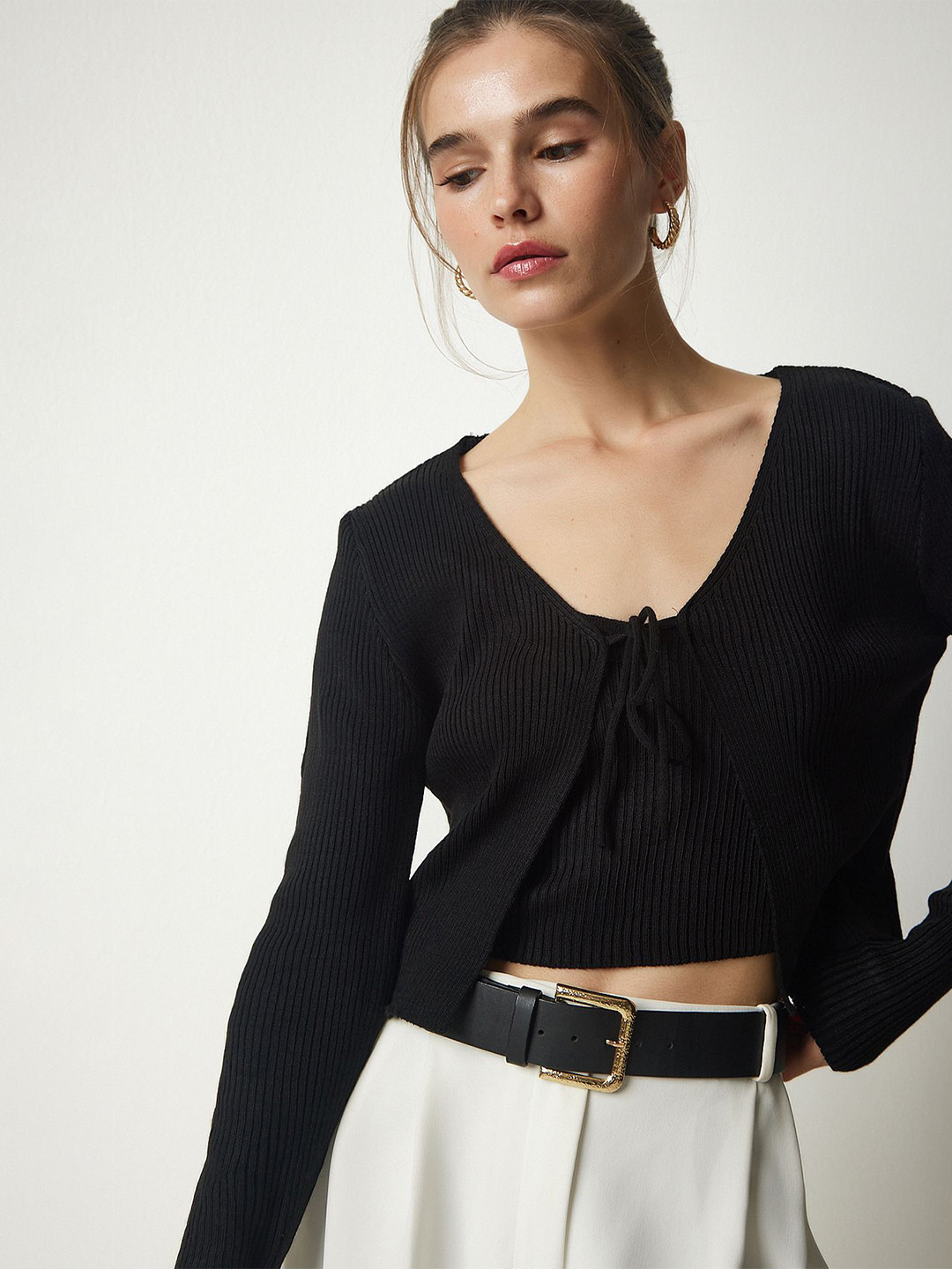 Happiness istanbul Women Ribbed Crop Top With Cardigan