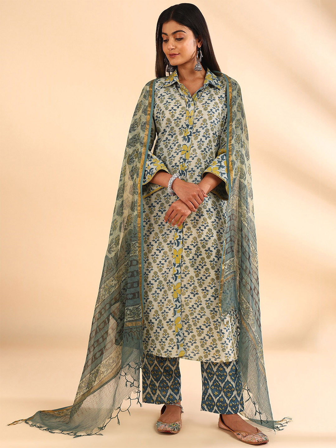 Tahiliya Blue Ajrakh Kota Doria Dupatta