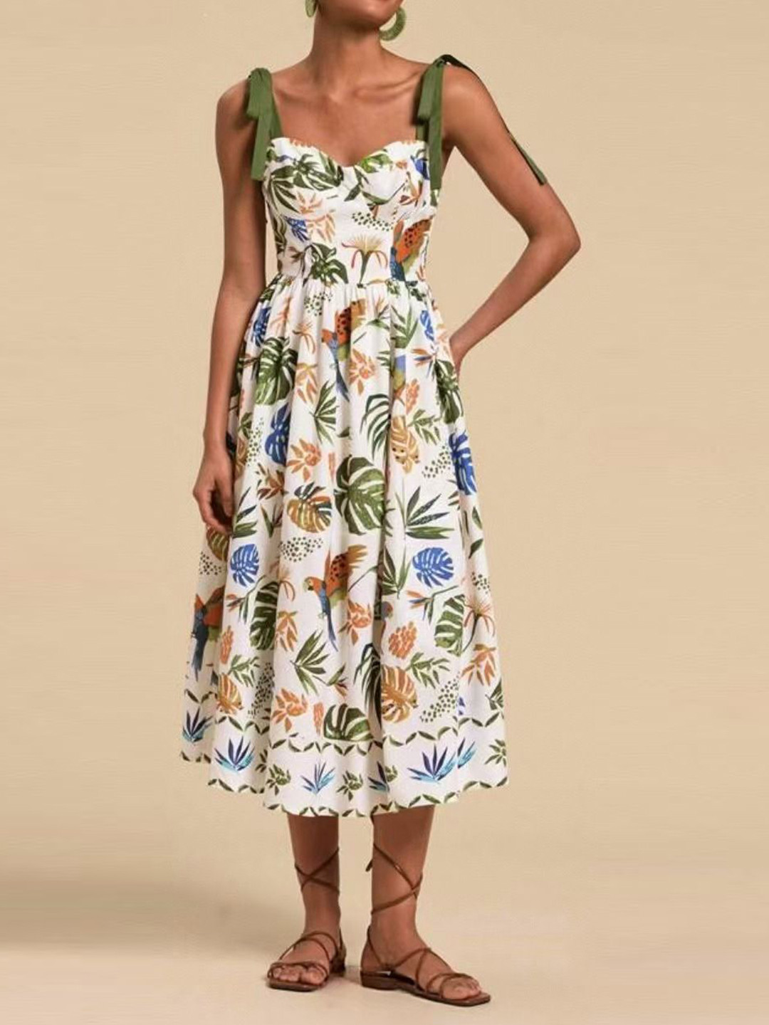 bebe White Tropical Print Sweetheart Neck Tie Shoulder Midi Dress