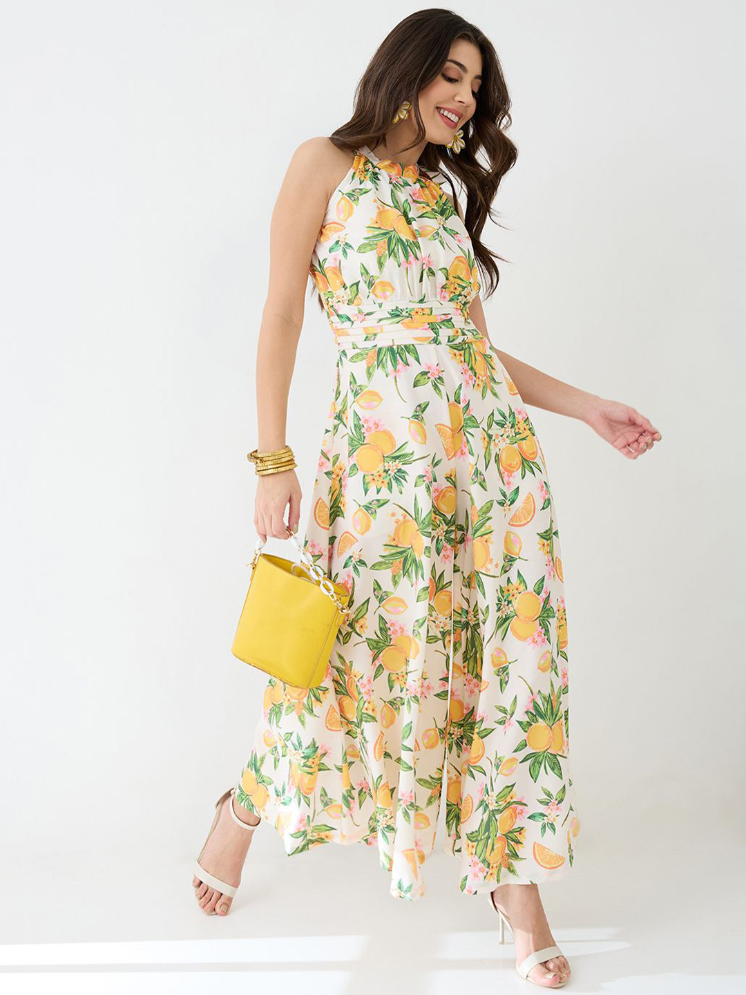 Globus Floral & Fruit Print Halter Neck Pleated Detail Flared Fusion Jumpsuit