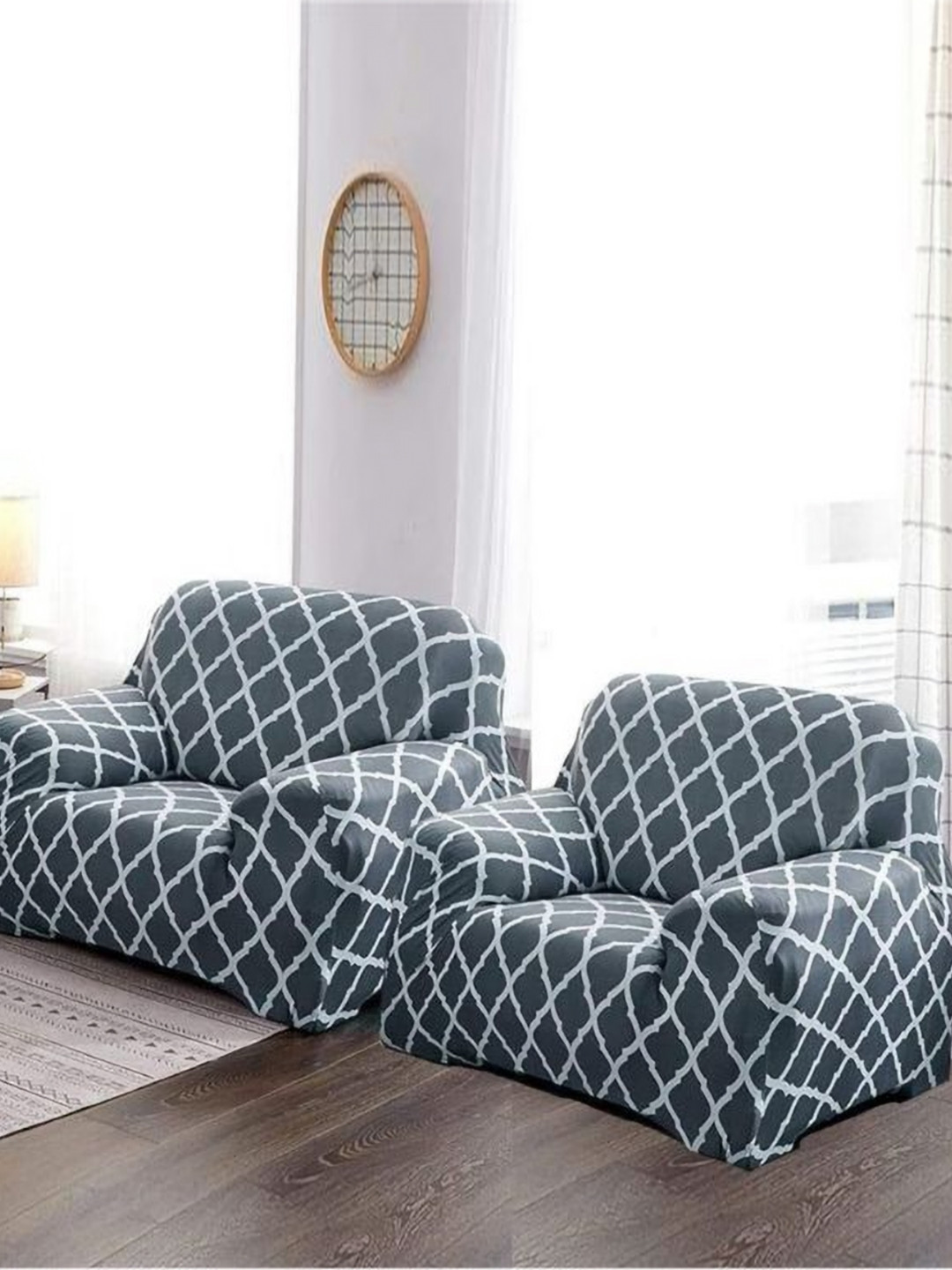 GIFTS ISLAND Grey & White Printed Polyester 3 Piece Sofa Cover With Arms