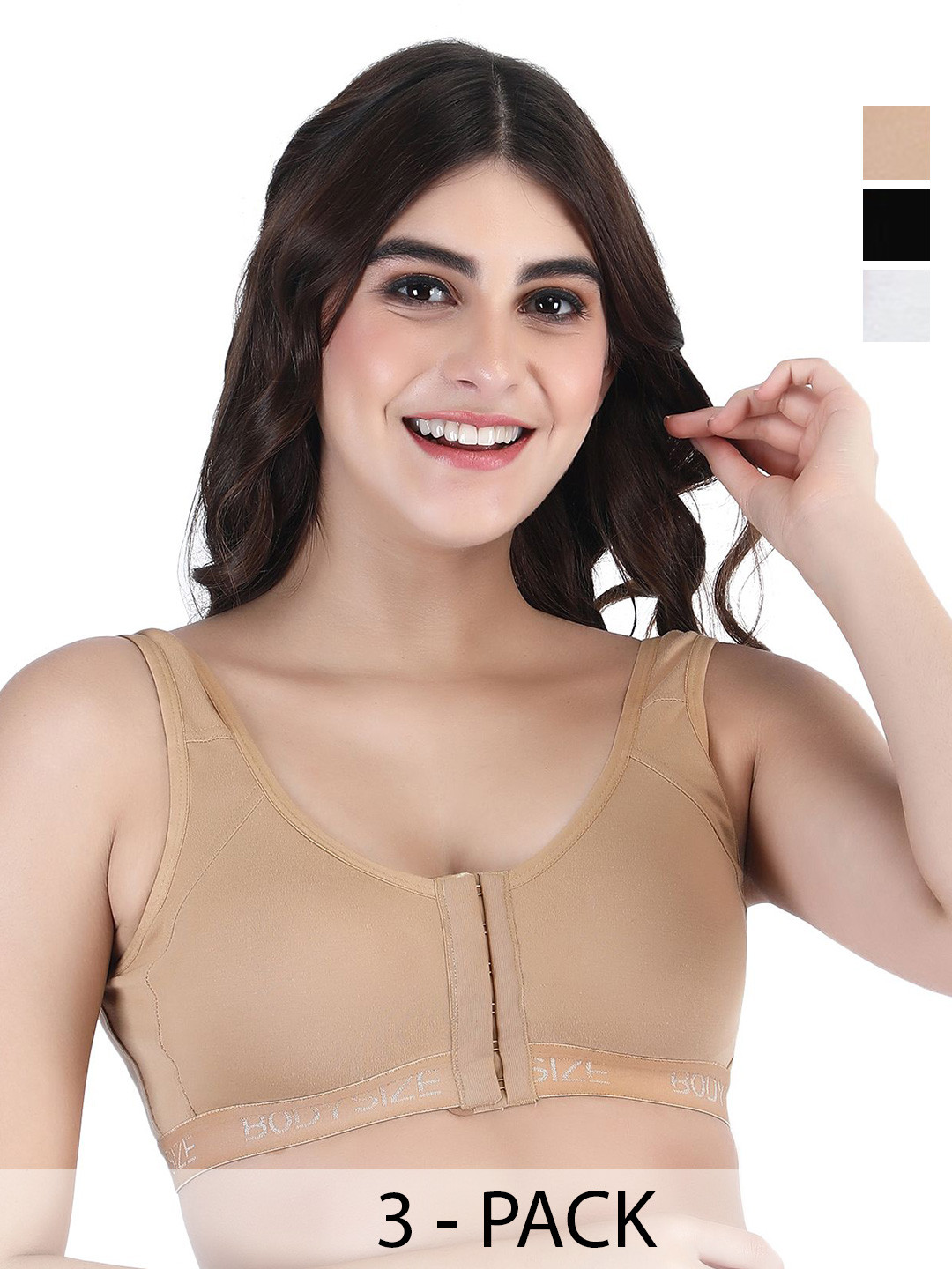 BODYSIZE Pack Of 3 Full Coverafe Non Padded Front Open Cotton Sports Bra