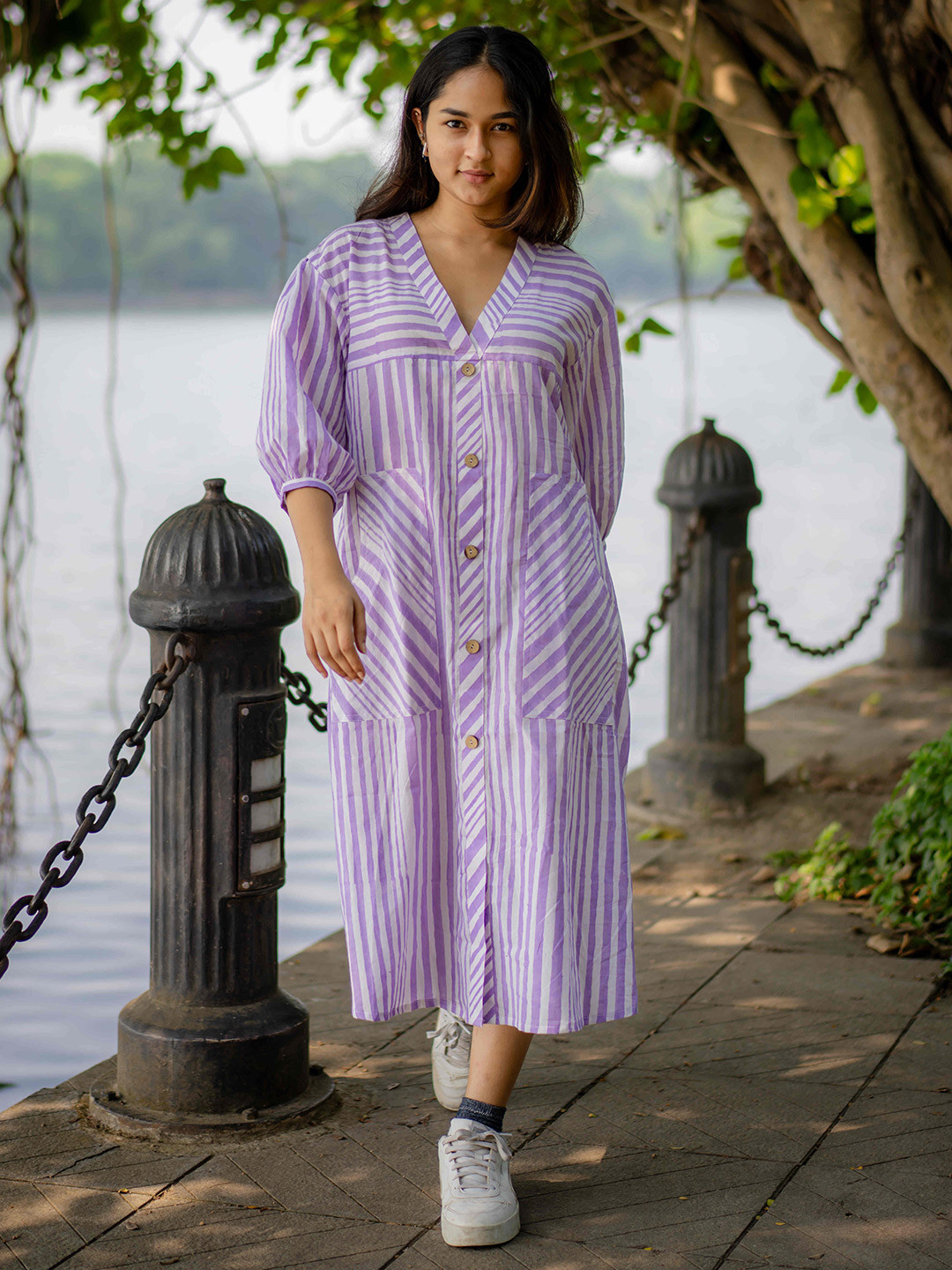 Nuchic Striped A-Line Midi Dress