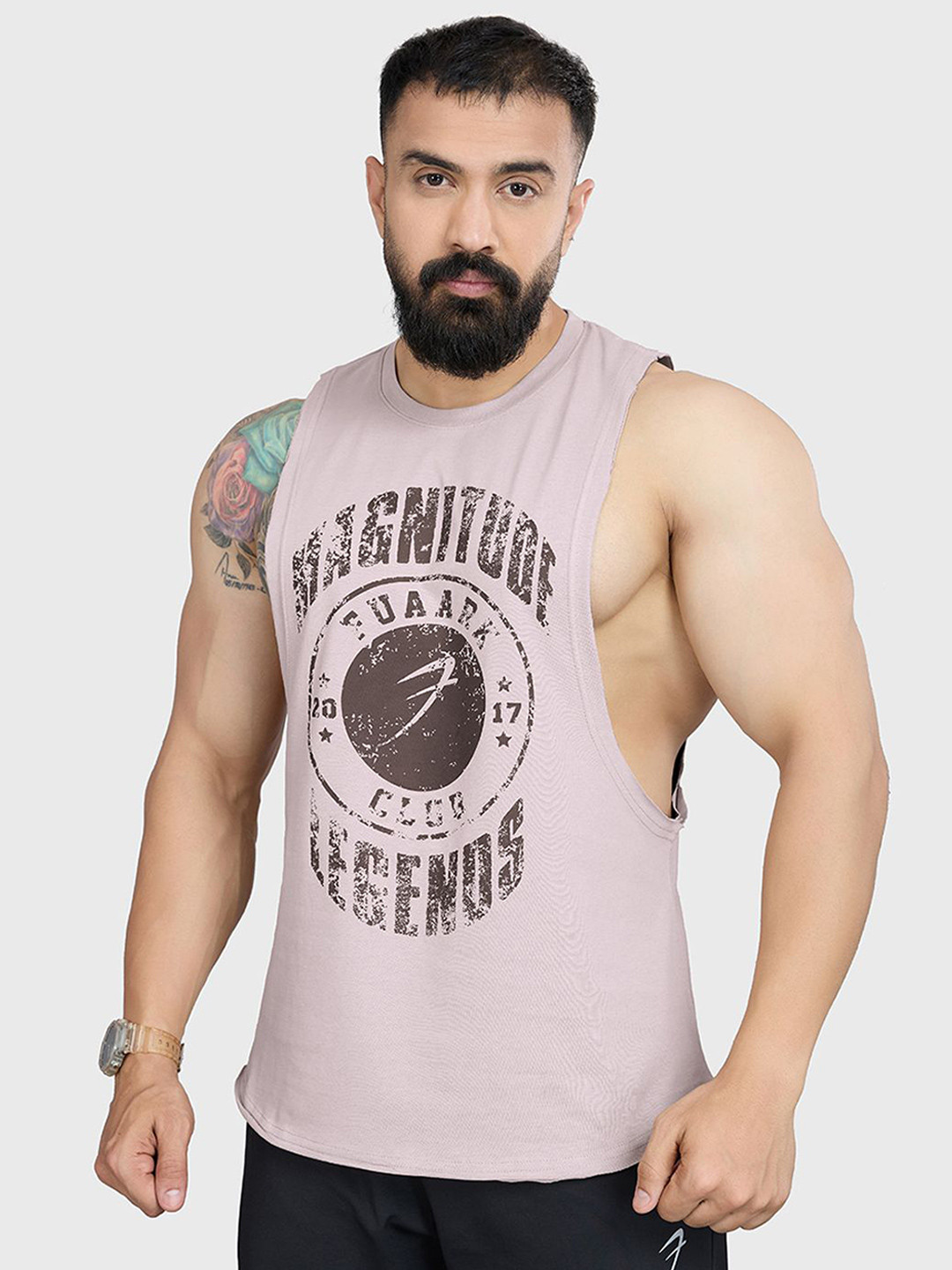 FUAARK Men Deeparm Pure Cotton Gym & Workout Tank Vest Magnitude Deep Arm Beige-S