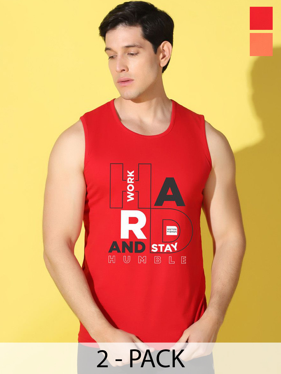 WOOSTRO Pack Of 2 Printed Combo Cotton Gym InnerwearVest VWS26(HARD RED)(RUN ORANGE)