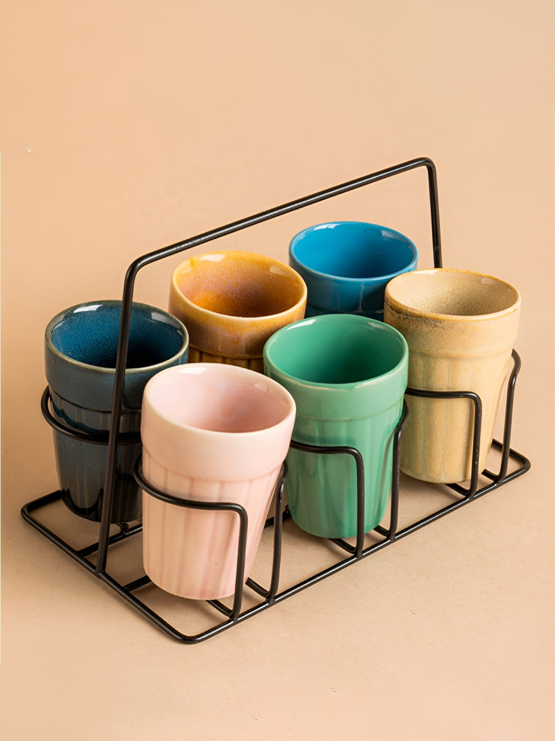 ARAVALII Green Striped Ceramic Microwave Safe 6 Piece Kulhad with Stand-200ml