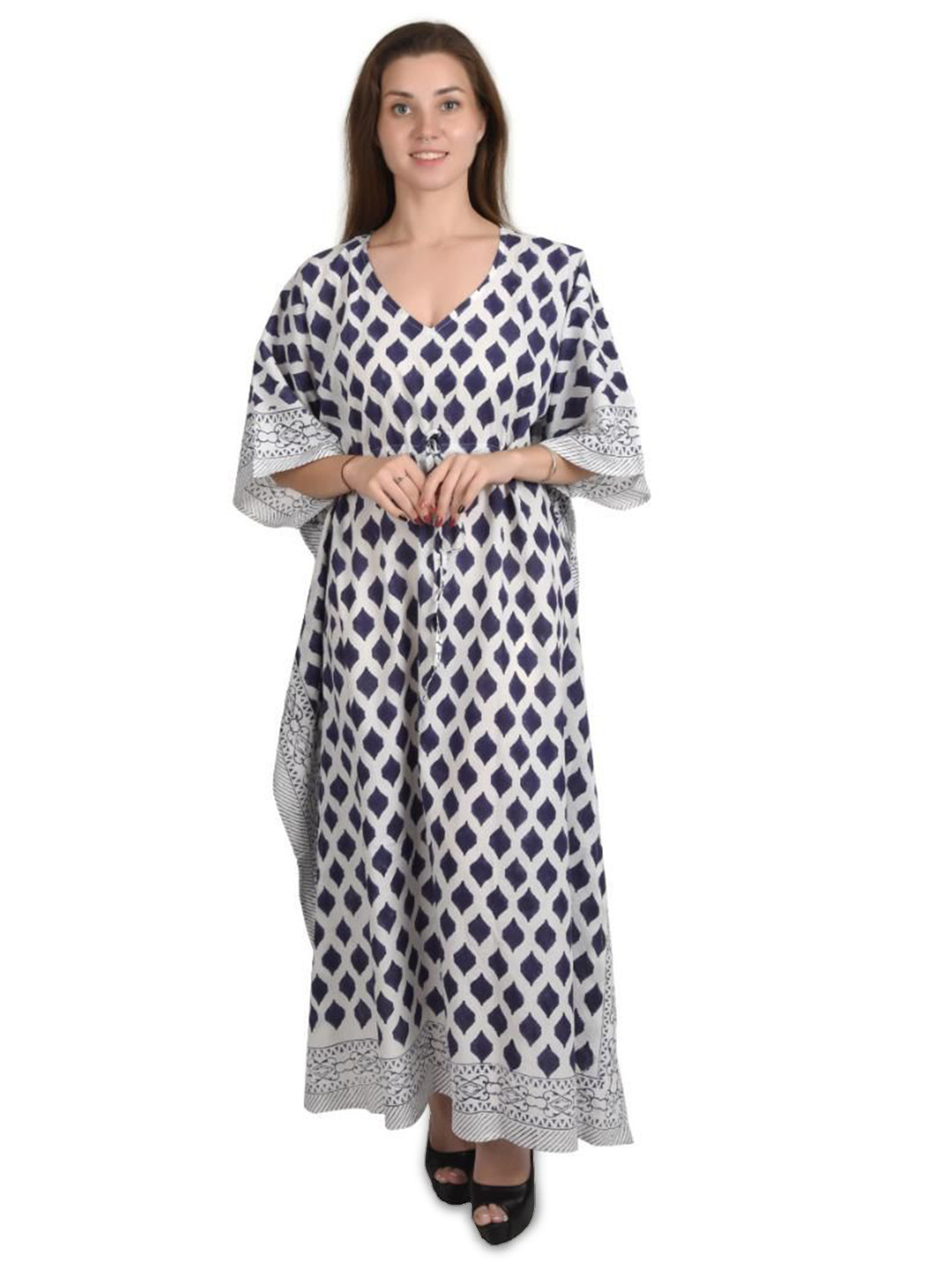 Fabric Venue kaftans Women Geometric Printed Kimono Sleeve Kaftan Maxi Dress
