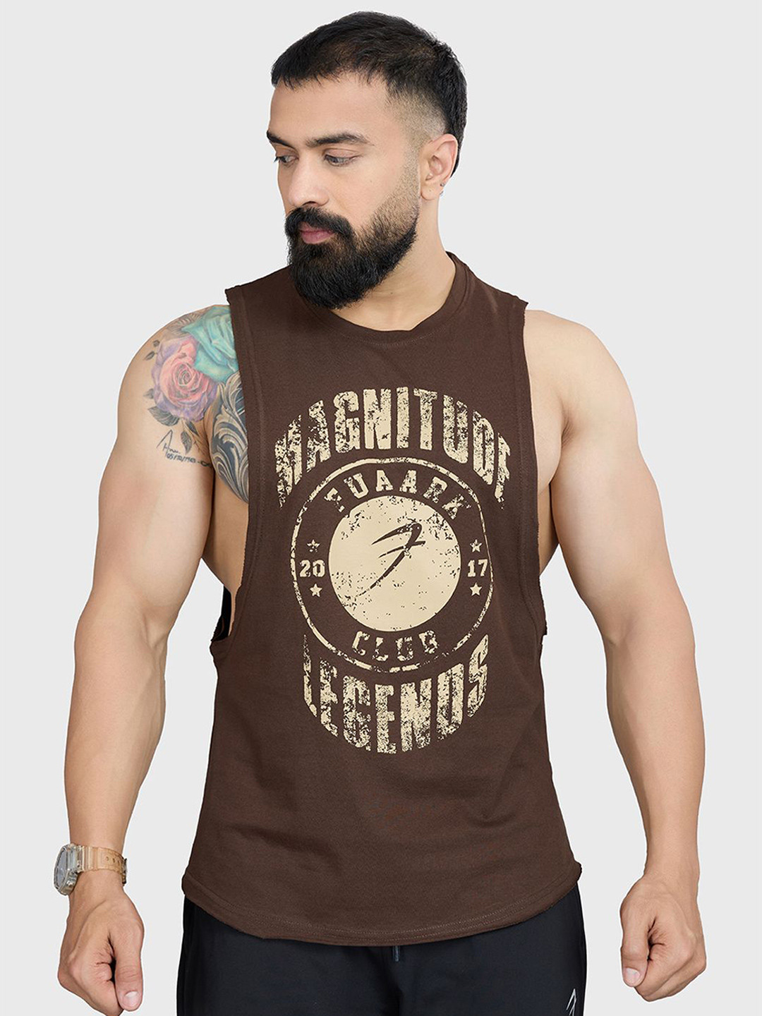 FUAARK Men Deeparm Pure Cotton Gym & Workout Tank Vest Magnitude Deep Arm Coffee-S