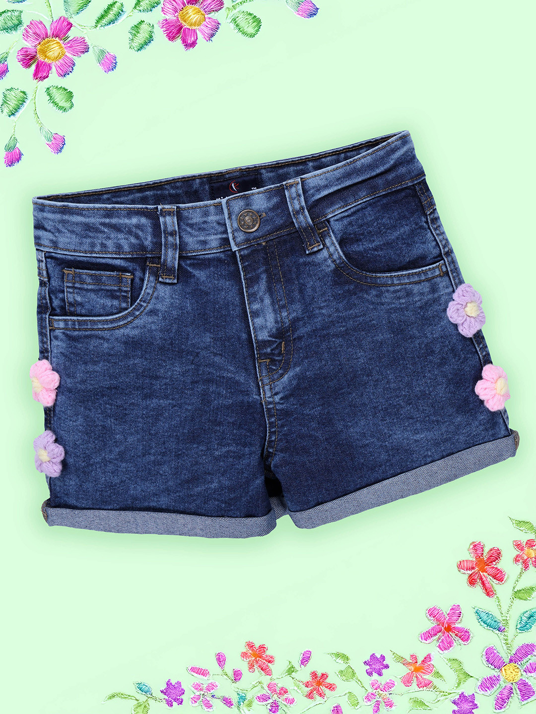 KiddoPanti Girls Floral Denim Shorts