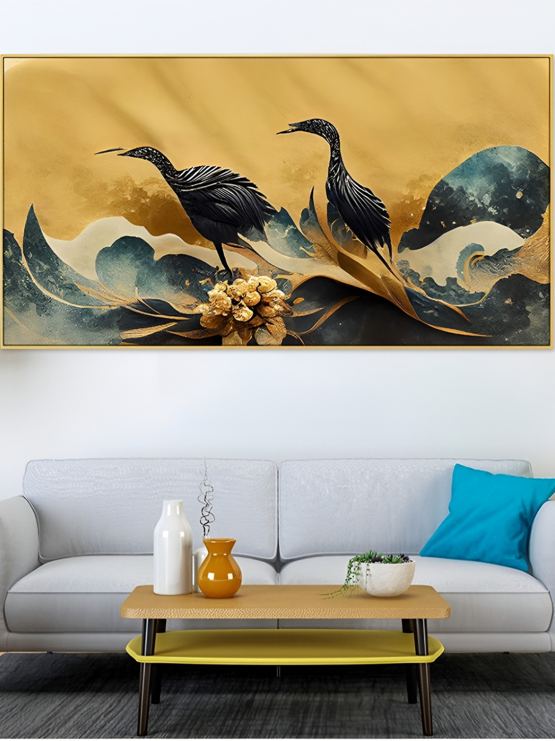 DEKORSTATION Yellow & Blue Birds Printed Canvas Wall Art
