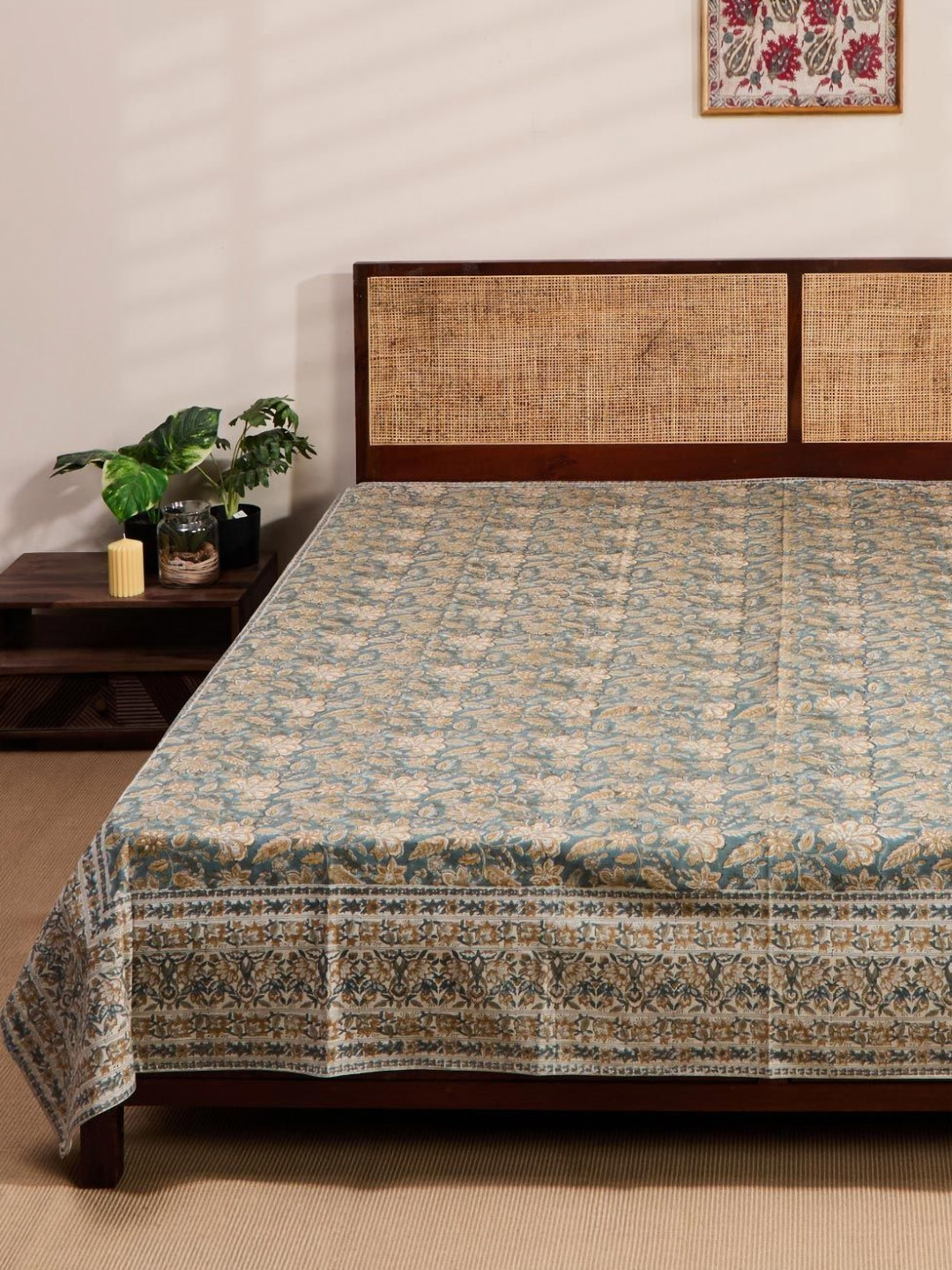 Fabindia Blue & Beige Zaira Printed King SizeBedCover