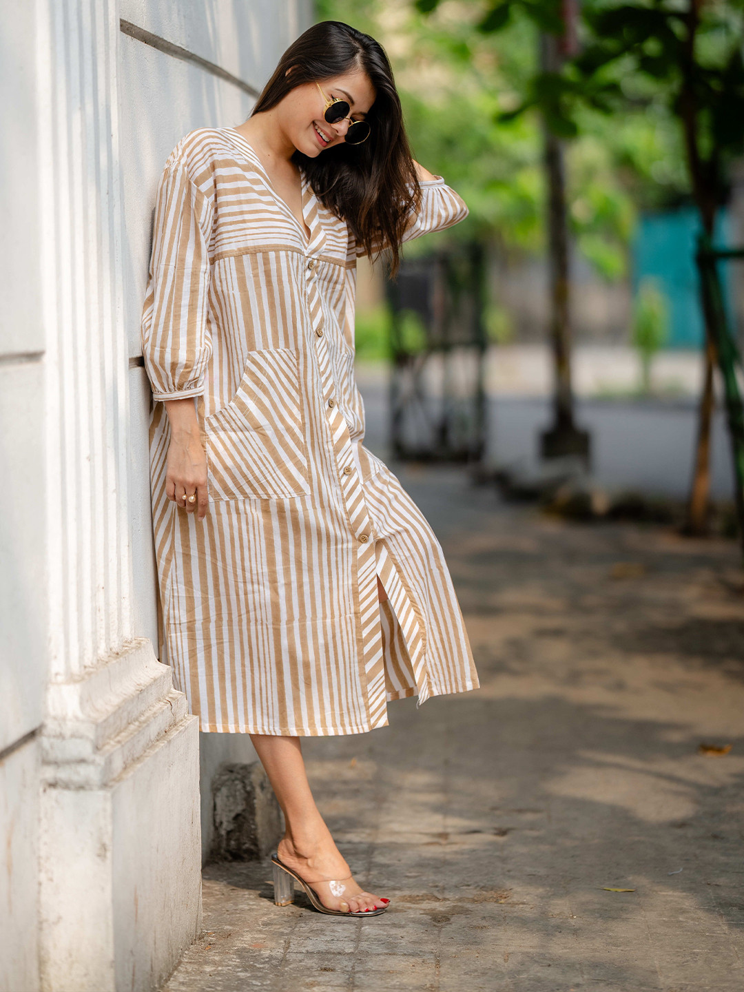 Nuchic Striped A-Line Midi Dress