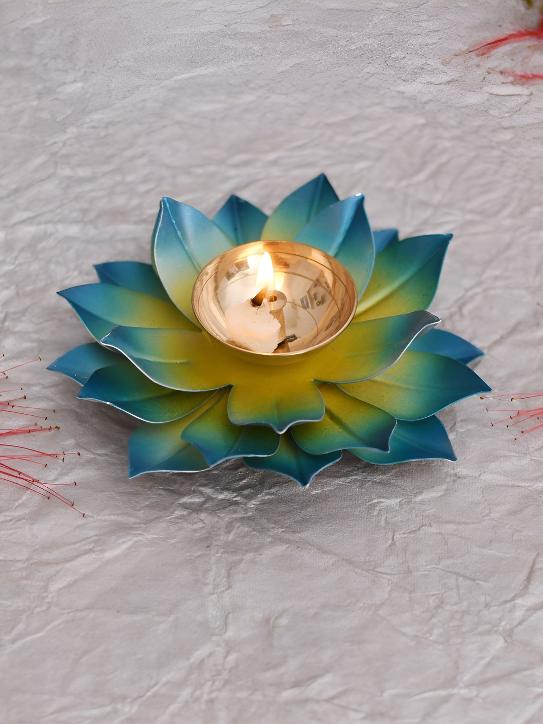Aura Blue & Yellow Textured Lotus Diyas