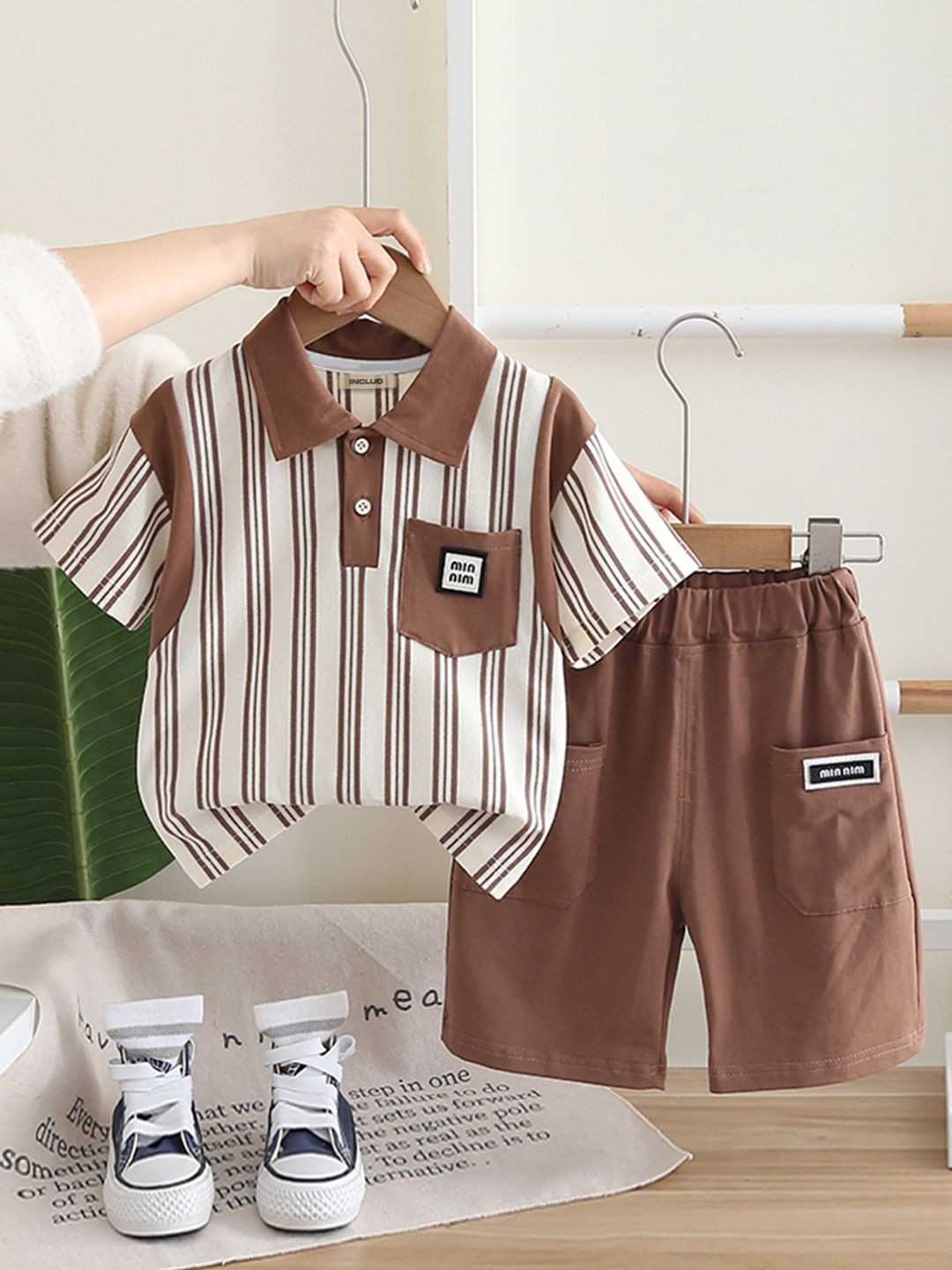 INCLUD Boys Striped Striped Contrast Collared Polo T-Shirt With Shorts