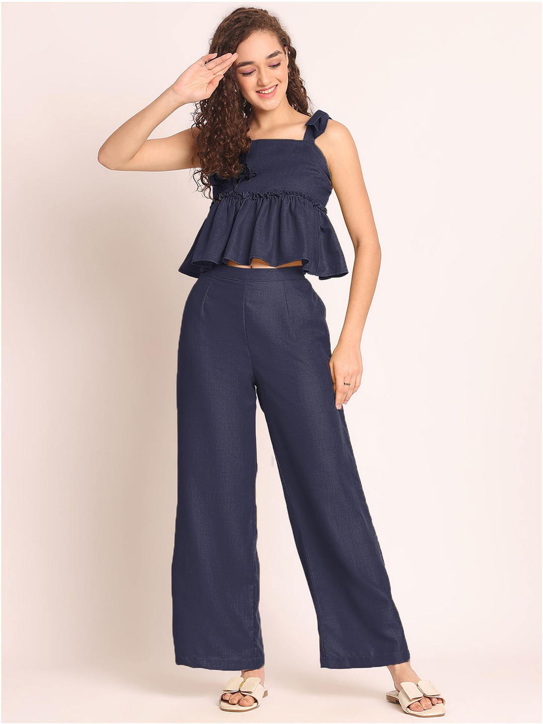 Aoba Women Navy Blue Solid Shoulder Strap Linen Crop Top & Palazzos Co-Ords