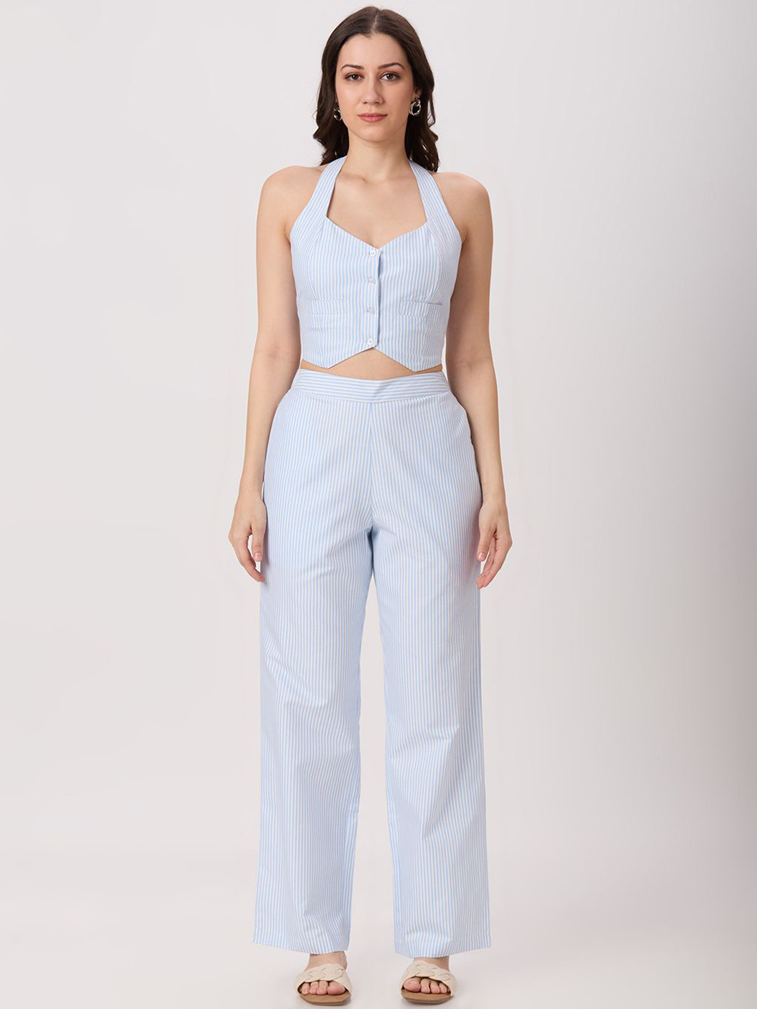 PEACH & PANDA Striped Halter Neck Top With Trousers Co-Ords