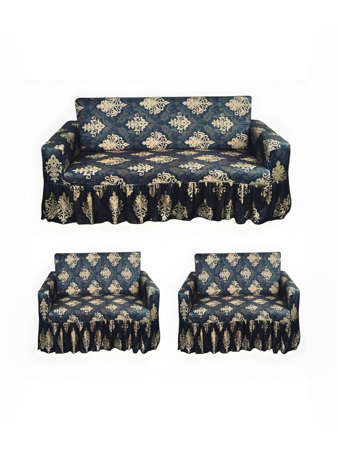 GIFTS ISLAND Navy Blue & Cream-Coloured Printed Polyester 3 Piece Sofa Cover With Arms