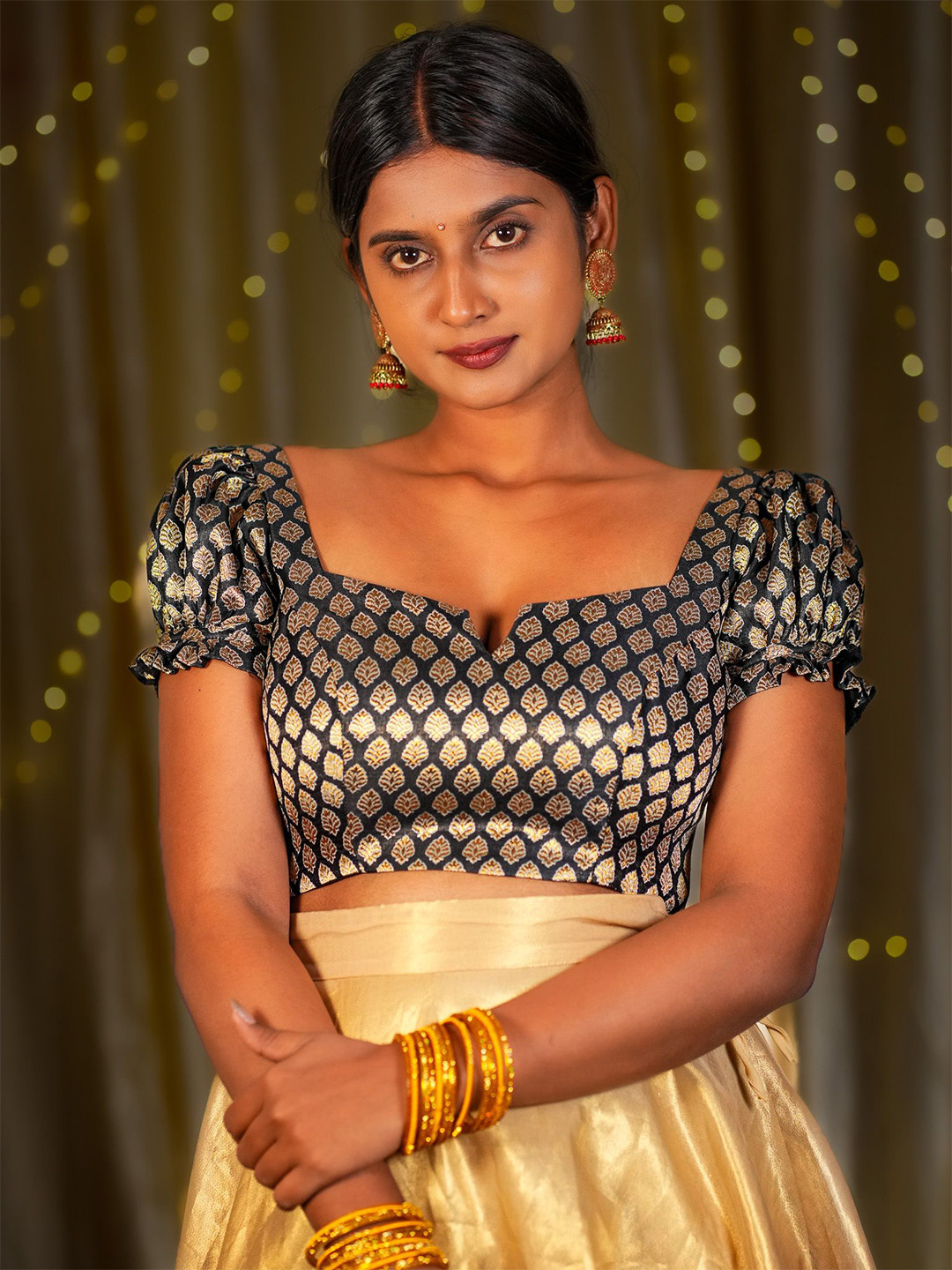 I LOVE SAREES Women Black Woven Designed Puff Sleeve Readymade Banarasi Saree Blouse