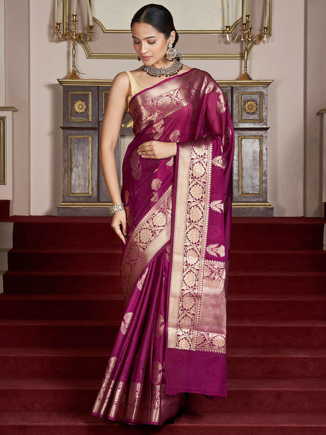 TEEJH Nurvi Magenta Banarasi Semi Chiffon Warm Silk Saree