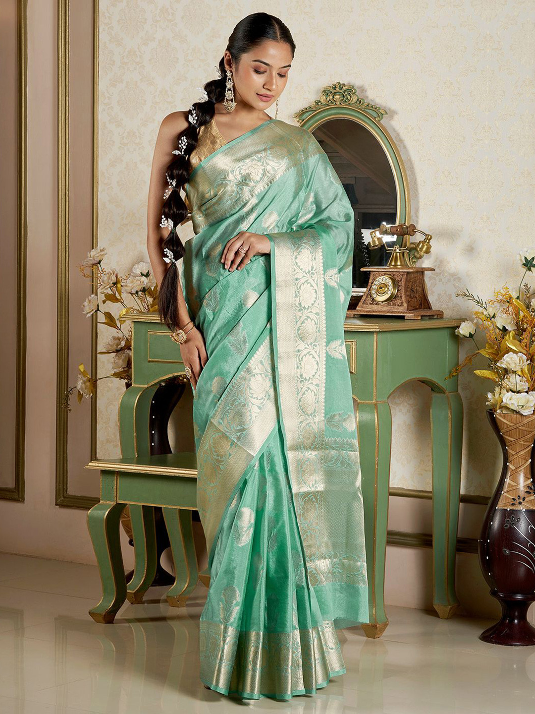 TEEJH Sivala Sea Green Banarasi Semi Chiffon Warm Silk Saree