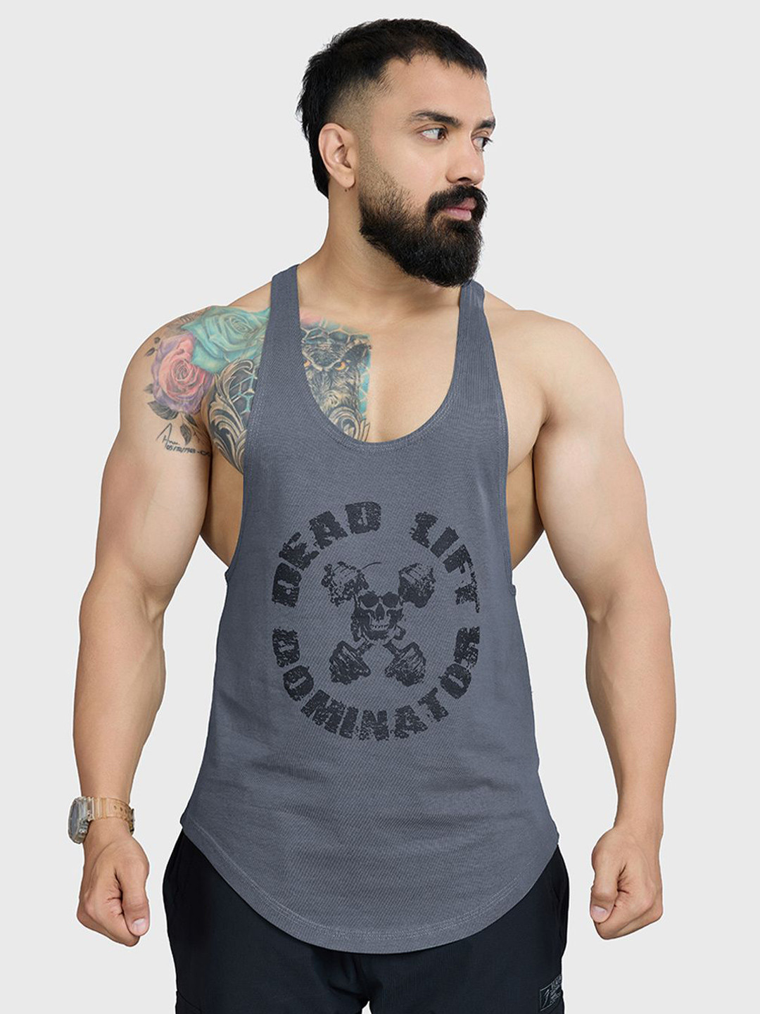 FUAARK Men Pure Cotton Gym & Workout Stringer Vest Deadlift Stringer Grey-S